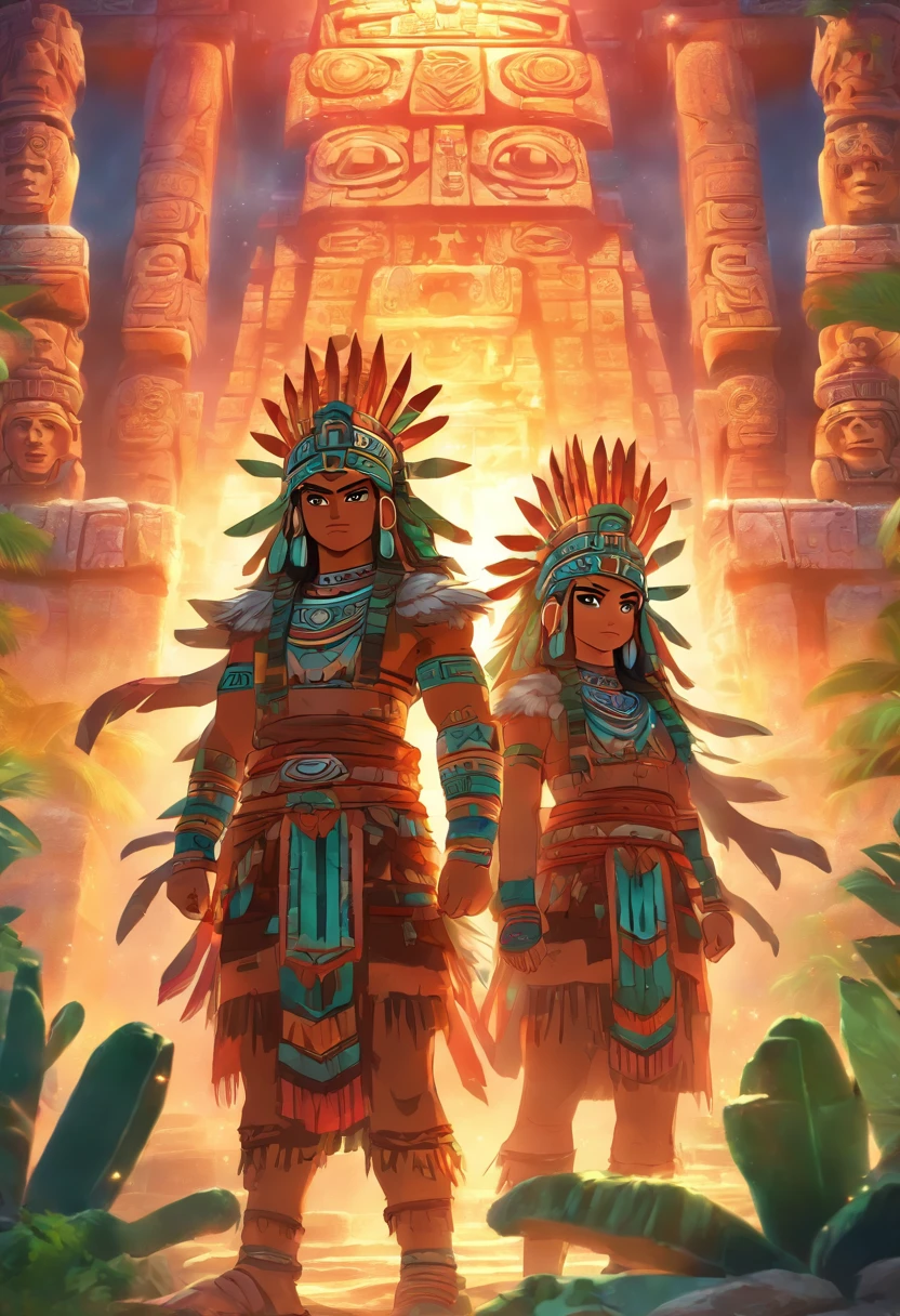 (((Mayan Twins))) best quality, ultra-high resolution, 4K detailed CG, masterpiece, Hun-Hunahpu, Xbalanque,men, temple, Mayan clothing, Mayan mythology, cactus, stream, desert, sunlight, Mexico, aesthetics, Beautiful image, centered on the screen