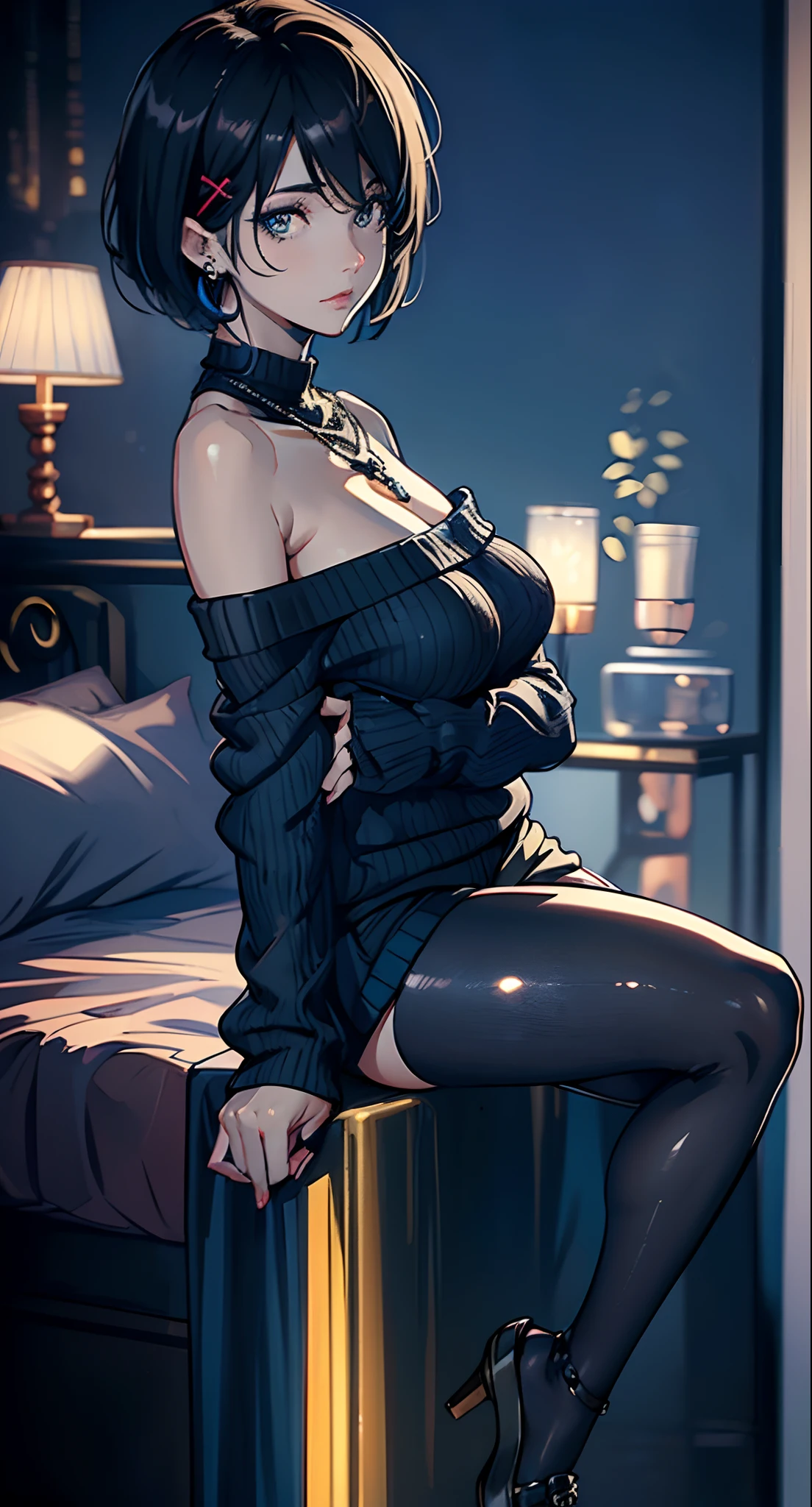 (short hair woman), (off-shoulder sweater, oversized sweater), (hiden short pants), (cross-legged sitting, hands lying on thighs), on bed, medium breasts, deep cleavage, best quality, masterpiece, illustration, very delicate and beautiful, very detailed skin, CG, Unity, 8K wallpapers, amazing, fine detail, highly detailed CG Unity 8K wallpapers, huge file size, high resolution, handsome detailed woman, very detailed eyes and face, Stunning detailed eyes, light on the face, (Best illustration: 1.1), (best shadow: 1.1), ultra high resolution, (photorealistic: 1.1), (photorealistic 1.2:1.1), realistic face proportions,slim,smile,(fluffy black eyes: 1.21), black eyes, looking at the viewer, dark brown hair, earrings, necklaces, hairpins, full body shots, (irregular skin imperfections,veins,moles,skin wrinkles,pores: 1.2), (dark night background: 1.2), (bokeh: 1.4),