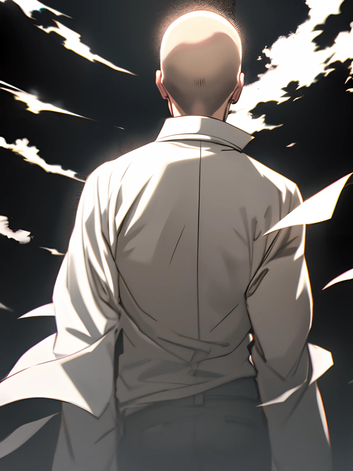 Saitama back view, dark background