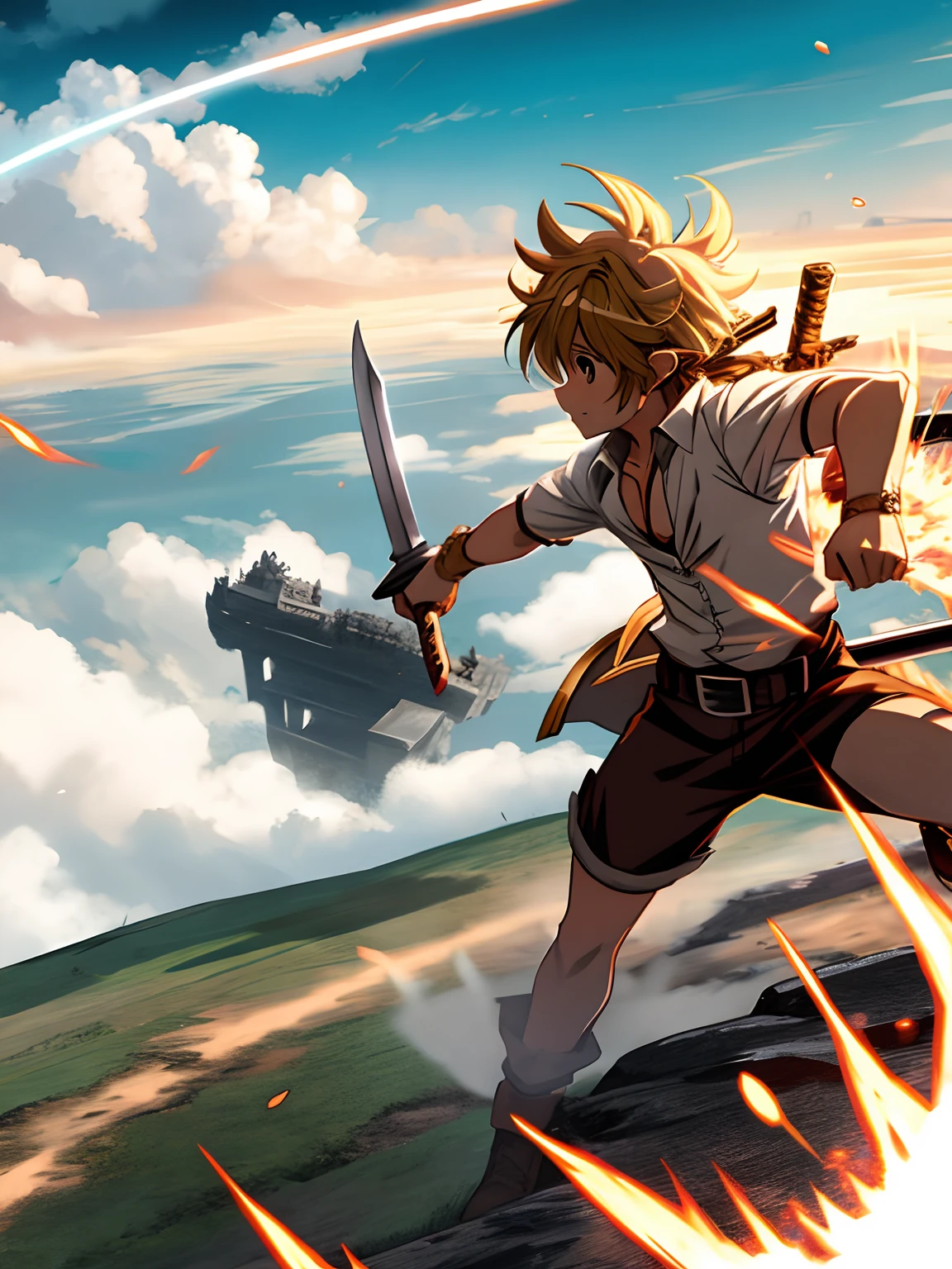 Illustration of Meliodas returning an attack with a sword