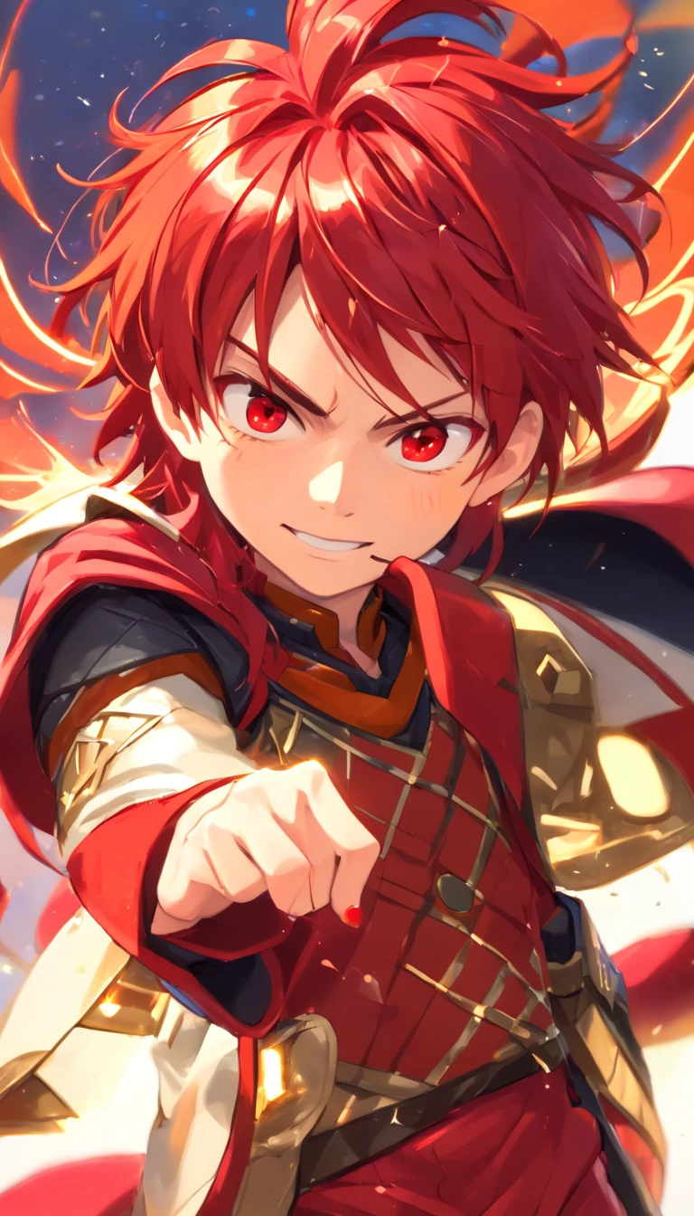 Conan Exiles style, one children (male) (12 years old), Tan skin, 1kid, top rated Pixiv, slim body, long sleeved shirt, brown pants, short wavy bright_red hair, short hair, different eyes (heterochromia), D&D character, Peasant boy, villager , Friendly Smile, heroic, face scars, slightly sloppy clothes, Medieval Style Clothing, Simple Clothing, Human, Cute Face, Young Face, Skill Picture, Villager Clothes, Mill Village, mischievous smile, playful air, ((highly_saturated red_hair: 1.9)), ((heroic_figure: 1.9)), ((extremely_handsome: 1.8))