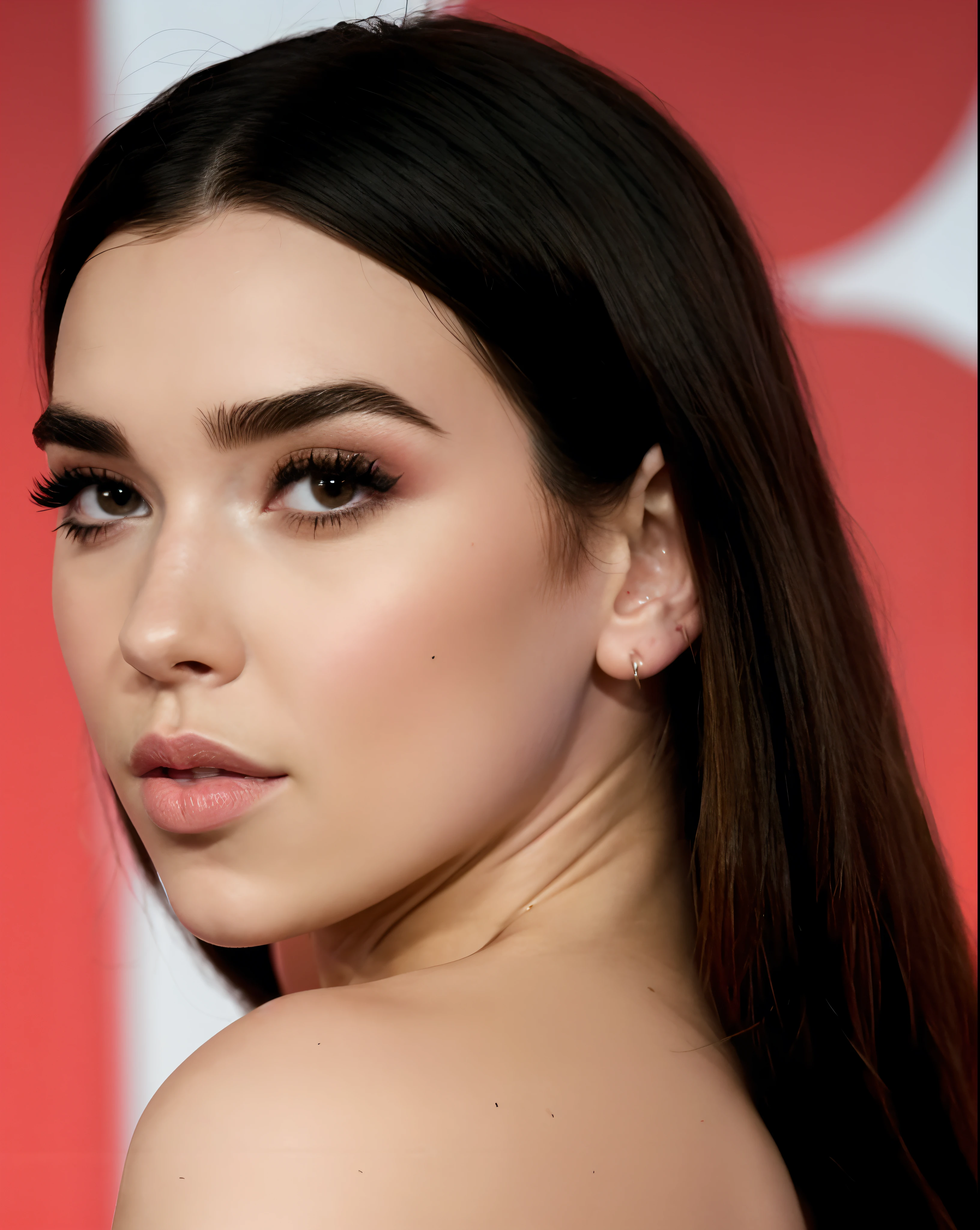 a close up of a woman with long hair and a pink dress, dua lipa, hailee steinfeld, charli bowater, sexy lips :5 stylish, slight smirk, florence pugh, kendall jenner, 18 years old, charli xcx, big cheekbones, beautiful cheekbones, madison beer, bella poarch, prominent cheekbones, high cheekbones