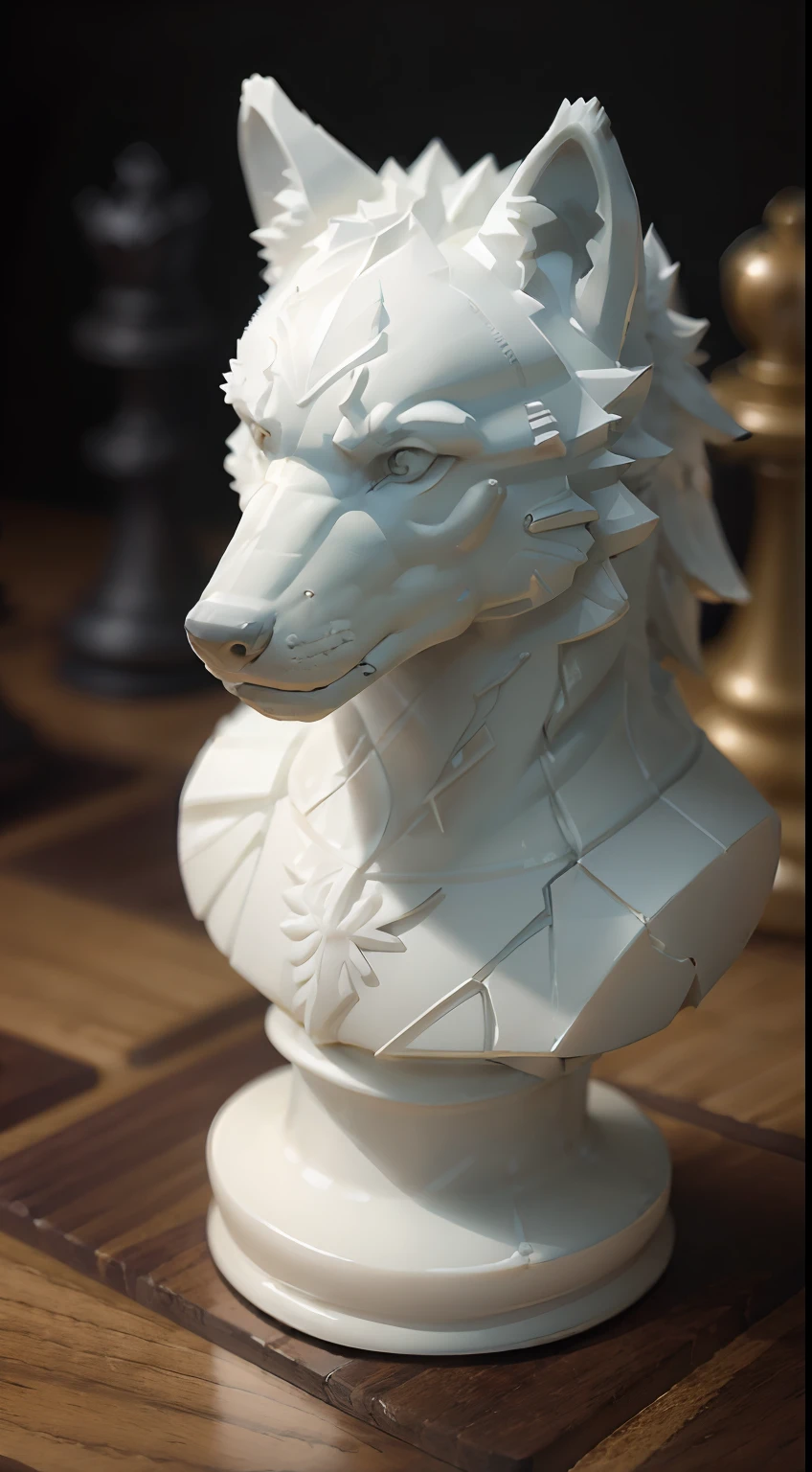 (masterpiece), best quality, (chsworld), (piece:1), wolf piece, cool, white piece, wood, cinematic, misteryous, chess piece, realistic, detailed, wallpaper, chess board,