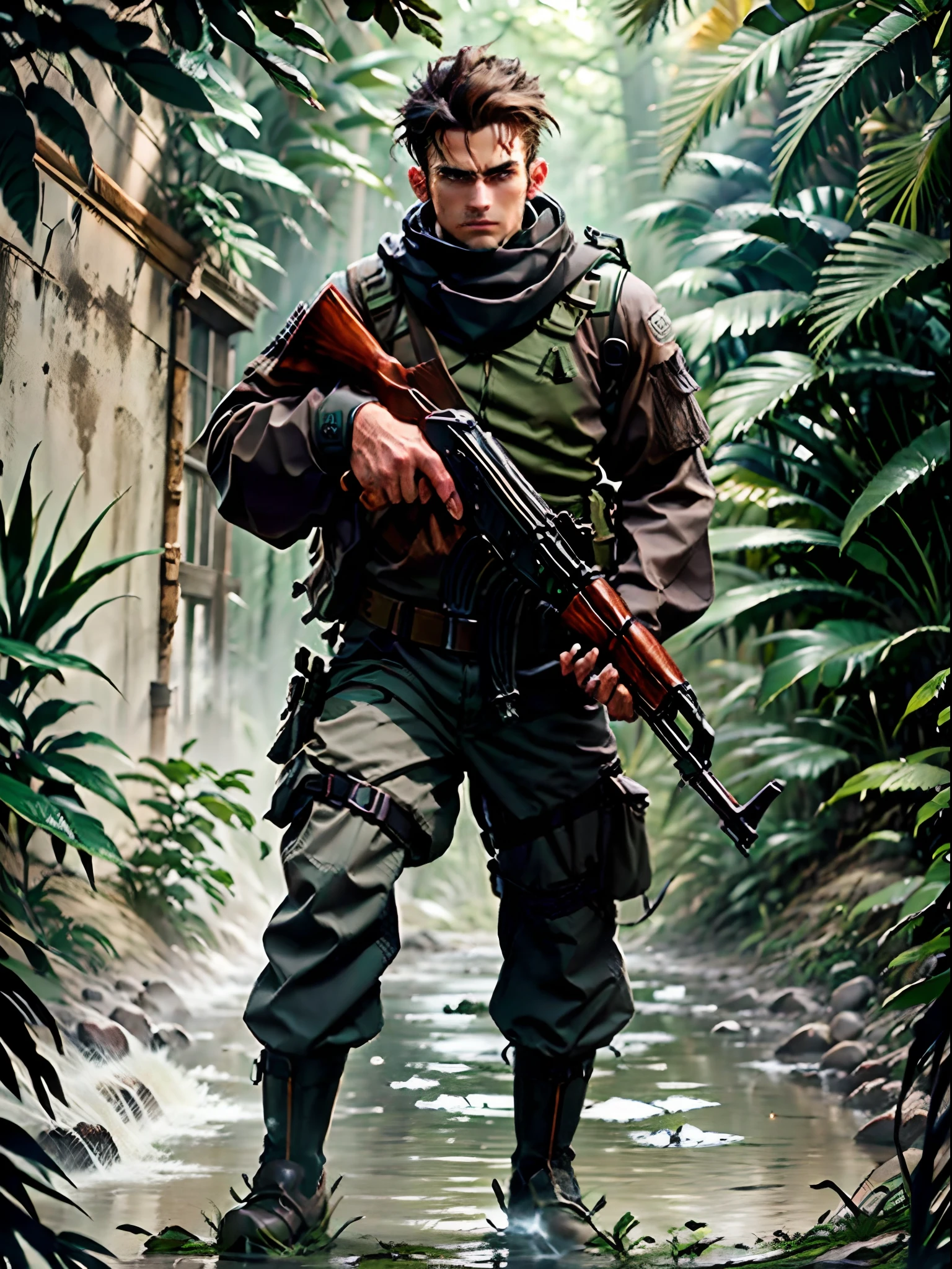 1man, male focus, deep brown hair, short hair, hazel eyes, brown t-shirt, brown cargo pants, black boots, shoulder holster, kalashnikov_rifle, akm, holding gun, full body shot, jungle, explorer, treasure hunter, grappling hook, adventure atmosphere, cowboy shot, masterpiece, best quality, waterfall, perfect hands, spanish, combed hair, clean shaven