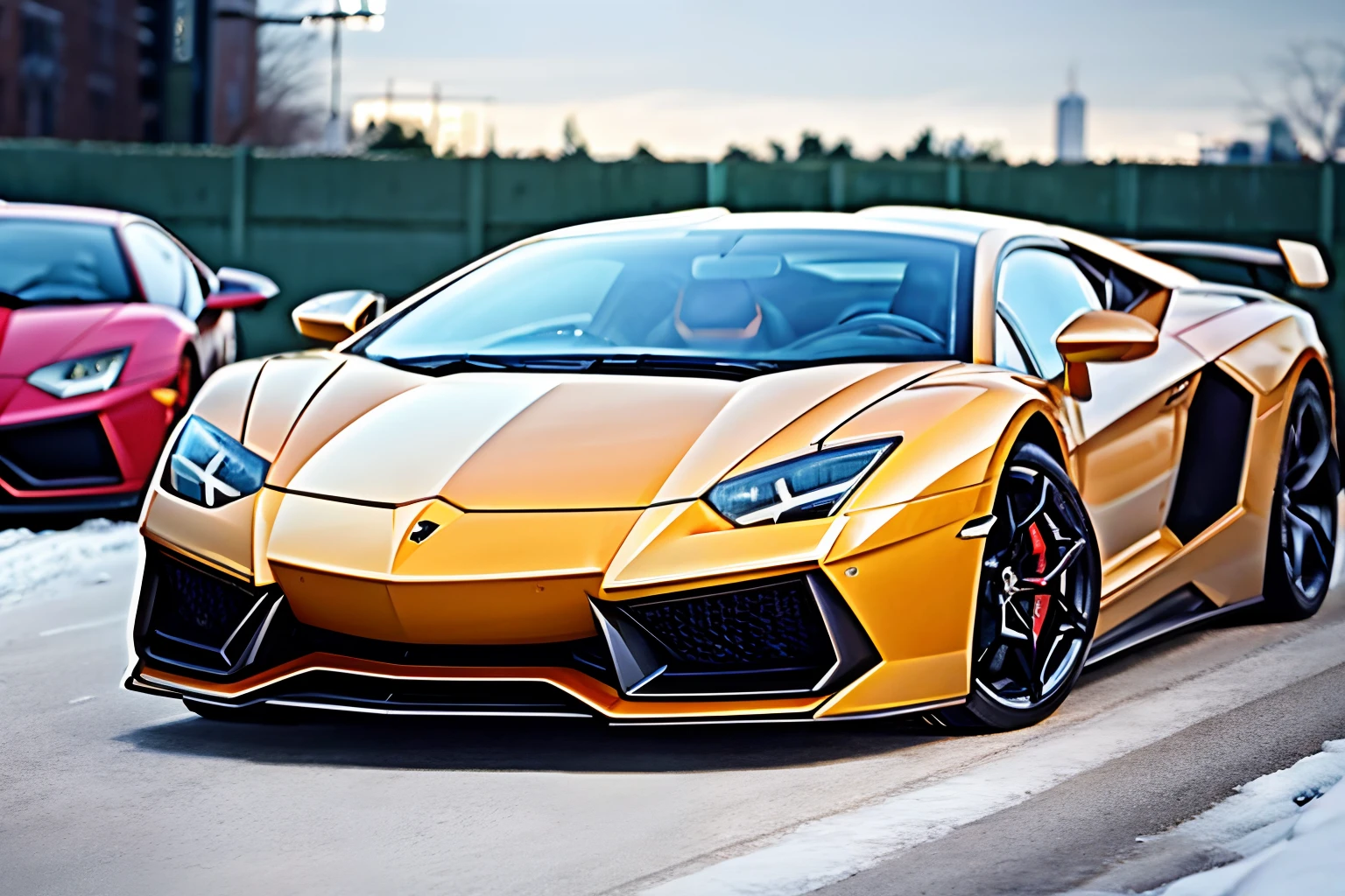 arafed orange sports car driving down a city street in the snow, bold lamborghini style, lamborghini, lamborghini aventador photoshoot, supercar, sportcar, sport car, sports car, 8k in the style, sportscar, car photography, modern chicago streets, kodakchrome : : 8 k, 8k hq, vehicle photography, 4 k post, 4k post
