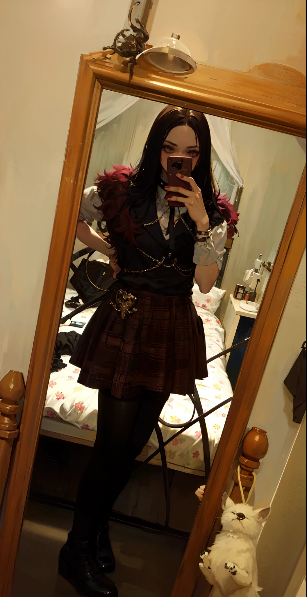 there is a woman taking a picture of herself in a mirror, dressed in crustpunk clothing, outfit photo, gothic outfit, wearing a punk outfit, school girl in gothic dress, dressed in punk clothing, goth punk clothes, punk outfit, fishnets and a short tartan skirt, goth girl