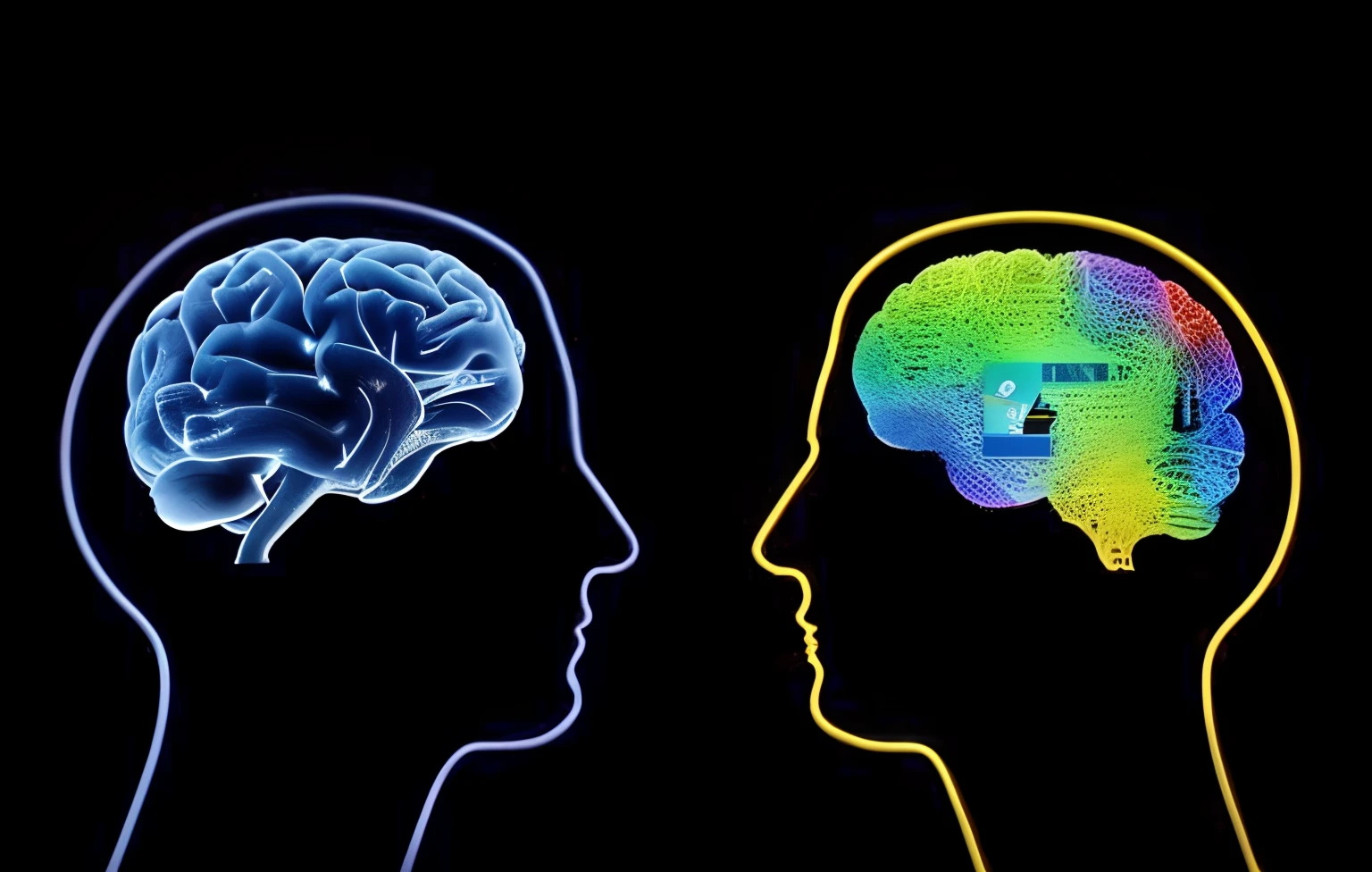 Two silhouettes of a man and a woman with a brain on their heads, olhando um para o outro sem pensar, um de frente para o outro, Encare um rosto, olhando para a direita, grey matter and neurons, Brains, neuroscience, coherence of cognitive cohesion, featuring brains, cognition, Beautiful image, render estilo 3D, a human brain and a technological brain
