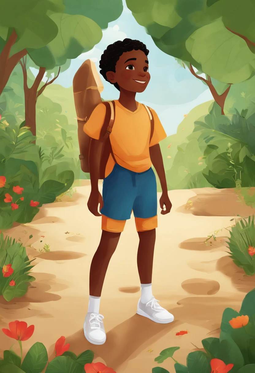 Por favor, create a series of illustrations in a style similar to 'THE SECRET BEYOND THE GARDEN' that depict the character Ivo. Ivo is a 13-year-old black boy. Ele tem cabelos cacheados, grandes olhos castanhos, And wears a backwards cap, uma camiseta listrada azul marinho, Red shorts and white sneakers. multiples poses and expressions. fundo branco.