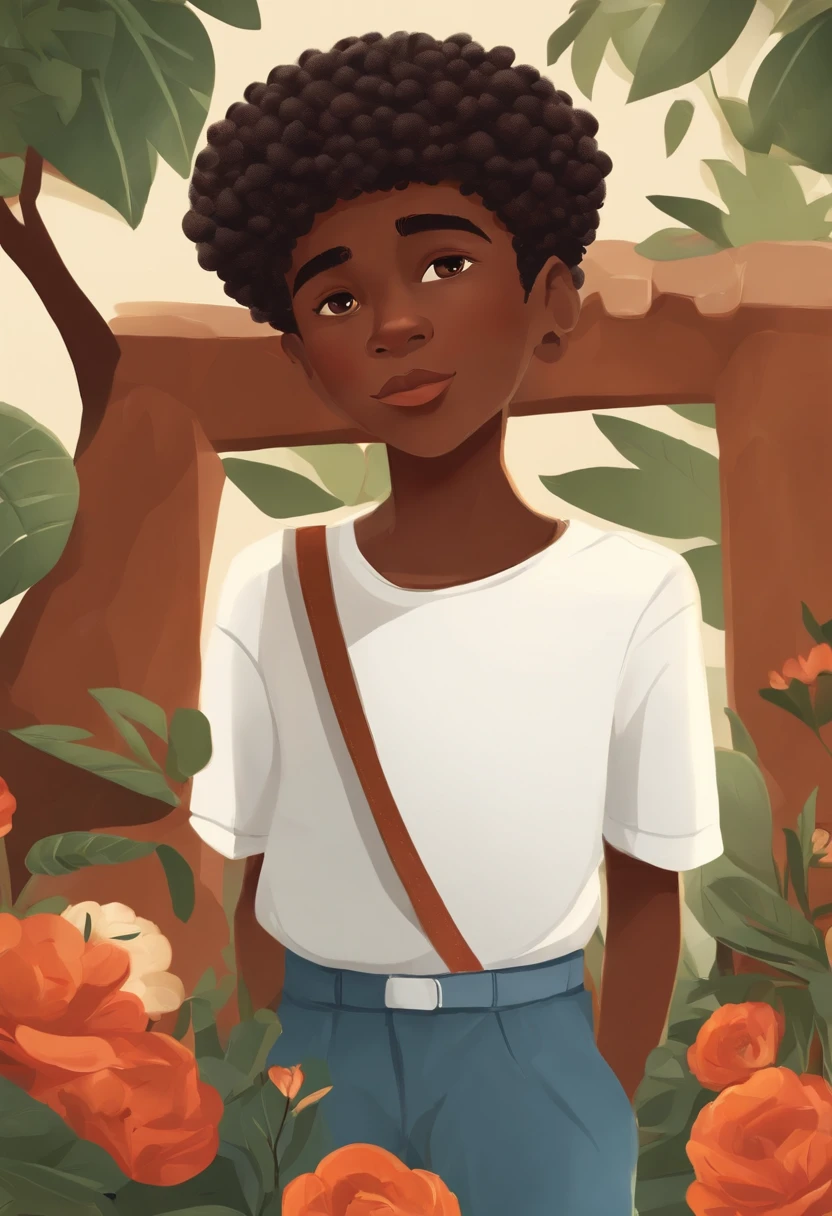 Por favor, create a series of illustrations in a style similar to 'THE SECRET BEYOND THE GARDEN' that depict the character Ivo. Ivo is a 13-year-old black boy. Ele tem cabelos cacheados, grandes olhos castanhos, And wears a backwards cap, uma camiseta listrada azul marinho, Red shorts and white sneakers. multiples poses and expressions. fundo branco.