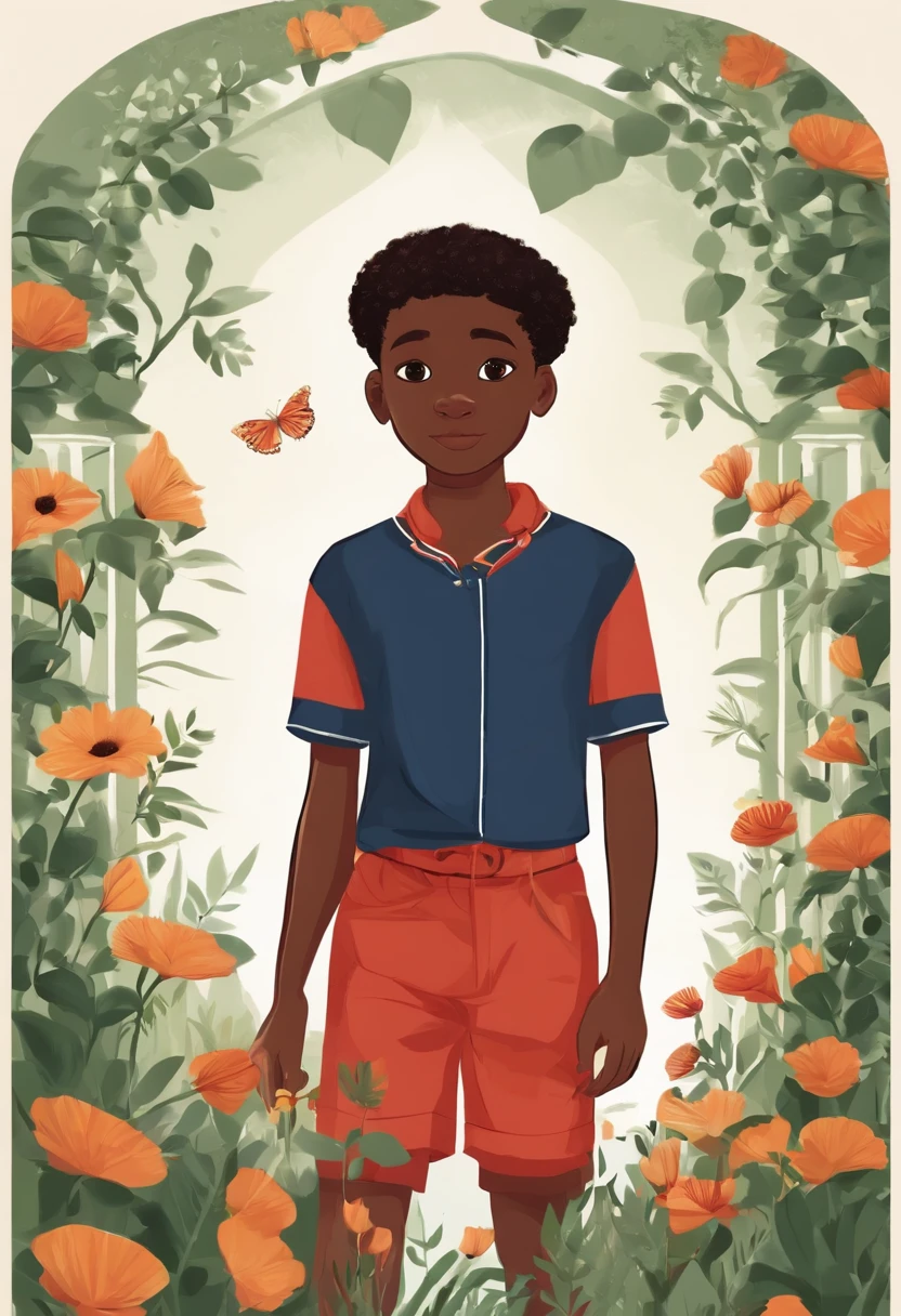 Por favor, create a series of illustrations in a style similar to 'THE SECRET BEYOND THE GARDEN' that depict the character Ivo. Ivo is a 13-year-old black boy. Ele tem cabelos cacheados, grandes olhos castanhos, And wears a backwards cap, uma camiseta listrada azul marinho, Red shorts and white sneakers. multiples poses and expressions. fundo branco.