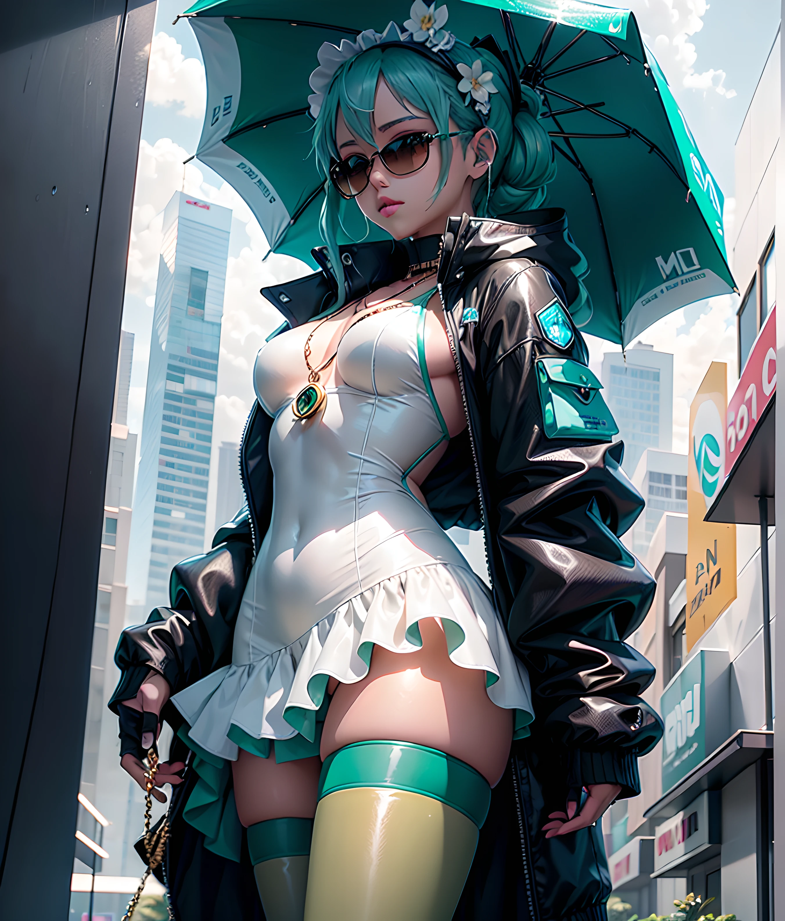 Hatsune Miku looks stunning in her tropical maid outfit. The outfit's intricate details, rendered with realistic textures and reflections, stand out. The raindrops on Miku's jacket are so intricately rendered that you can almost feel them. The reflections on her shiny outfit are crisp, allowing you to see your own reflection. Holding a white styrofoam cup filled with a purple drink, Miku adds a modern touch to the scene. With her back to the viewer, she exudes an alluring aura of mystery, her iconic teal twin-tails swaying gently. The futuristic background showcases a parking lot full of top-of-the-line supercars, emphasizing Miku's high-class persona. This image is a masterpiece, boasting impeccable quality and ultra-detailed features that showcase the artist's superb craftsmanship. Utilizing the latest technology in rendering, the result is a stunningly realistic portrayal of Miku's outfit, complete with reflections and raindrops on her black Montclair jacket, along with her gold chain and jewelry. Miku's tropical maid figure is beautifully captured in this visually striking work of art. She wears a black puffer jacket, with a gold necklace around her neck, and her head facing the viewer. She appears wet from the rain and sports aviator-style sunglasses. The background must be a parking lot or a town with a grey color pallet. low angle shot looking up.