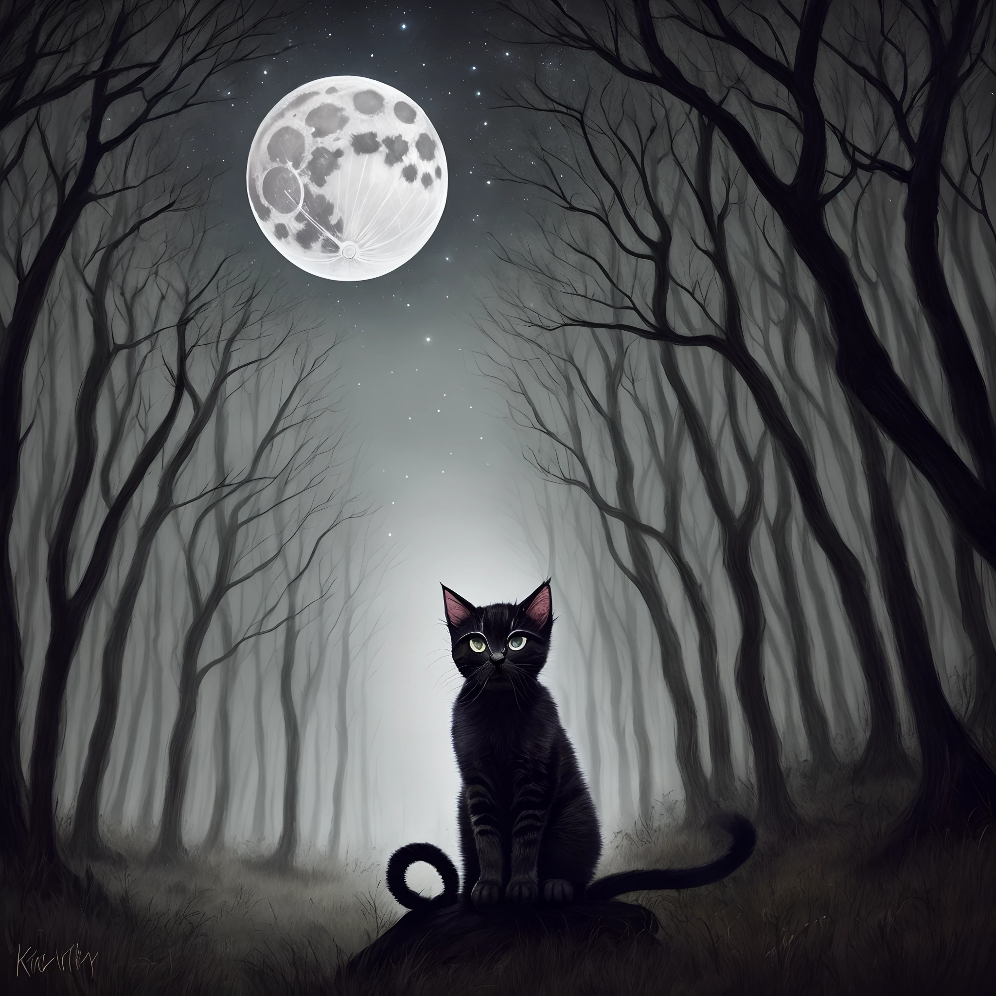 Werekitten,dark black full moon and woods in background