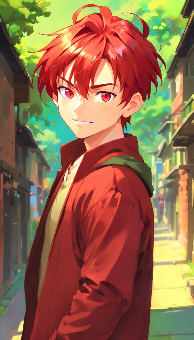 One children (male) (12 years old), Tan skin, 1kid, top rated Pixiv, slim body, long sleeved shirt, brown pants, bright_red hair, short hair, different eyes (heterochromia), D&D character, Peasant boy, villager , Friendly Smile, heroic, face scars, slightly sloppy clothes, Medieval Style Clothing, Simple Clothing, Human, Cute Face, Young Face, Skill Picture, Villager Clothes, ((highly_saturated red_hair: 1.9)), ((heroic_figure: 1.9)), ((extremely_handsome: 1.8))