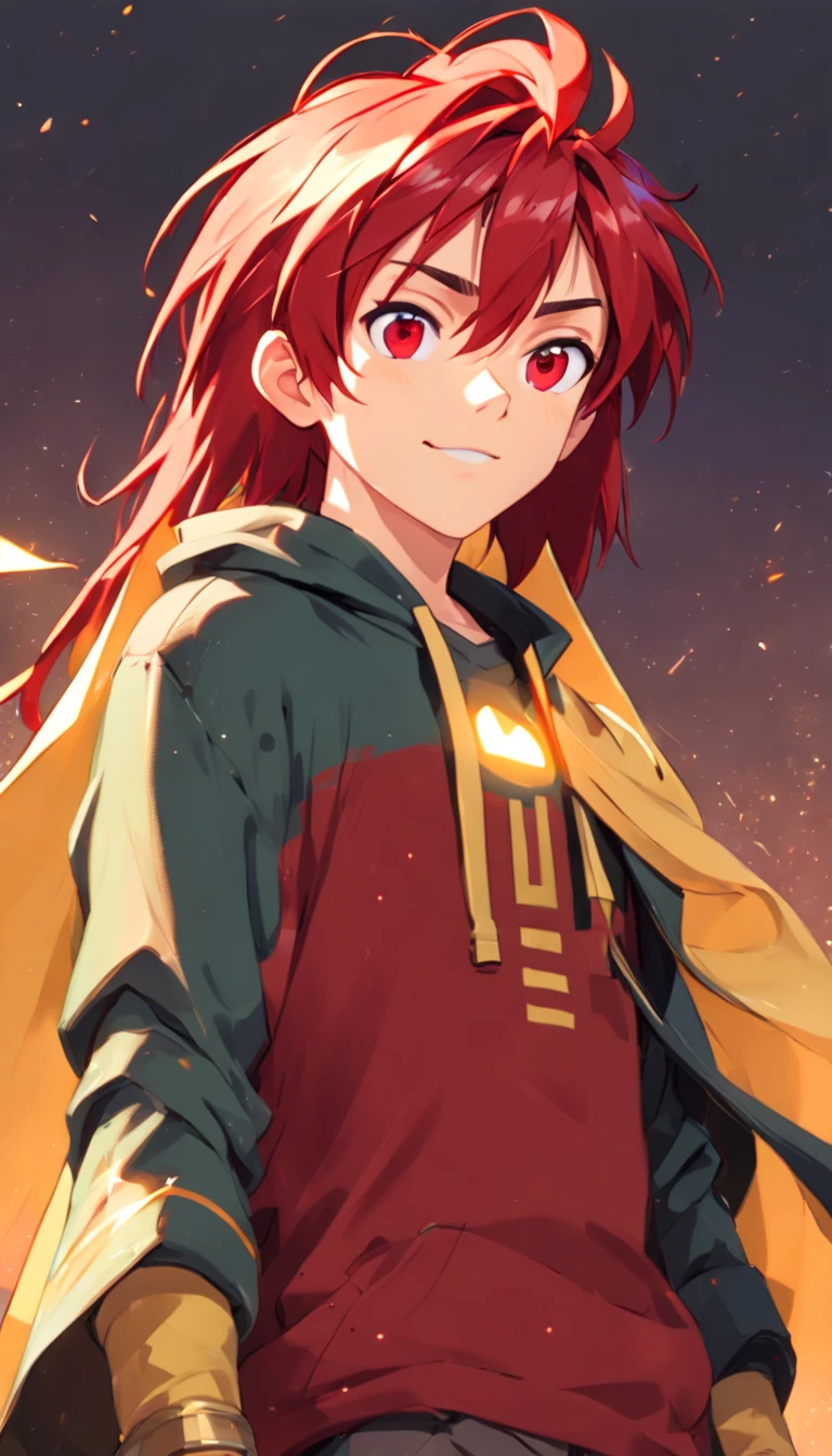 One children (male) (), Tan skin, 1kid, top rated Pixiv, slim body, long sleeved shirt, brown pants, bright_red hair, short hair, different eyes (heterochromia), D&D character, Peasant boy, villager , Friendly Smile, heroic, face scars, slightly sloppy clothes, Medieval Style Clothing, Simple Clothing, Human, Cute Face, Young Face, Skill Picture, Villager Clothes, ((highly_saturated red_hair: 1.9)), ((heroic_figure: 1.9)), ((extremely_handsome: 1.8))