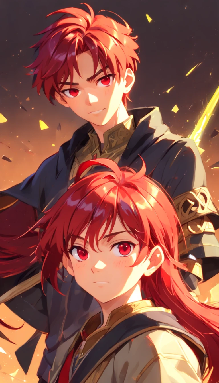 One children (male) (), Tan skin, 1kid, top rated Pixiv, slim body, long sleeved shirt, brown pants, bright_red hair, short hair, different eyes (heterochromia), D&D character, Peasant boy, villager , Friendly Smile, heroic, face scars, slightly sloppy clothes, Medieval Style Clothing, Simple Clothing, Human, Cute Face, Young Face, Skill Picture, Villager Clothes, ((highly_saturated red_hair: 1.9)), ((heroic_figure: 1.9)), ((extremely_handsome: 1.8))