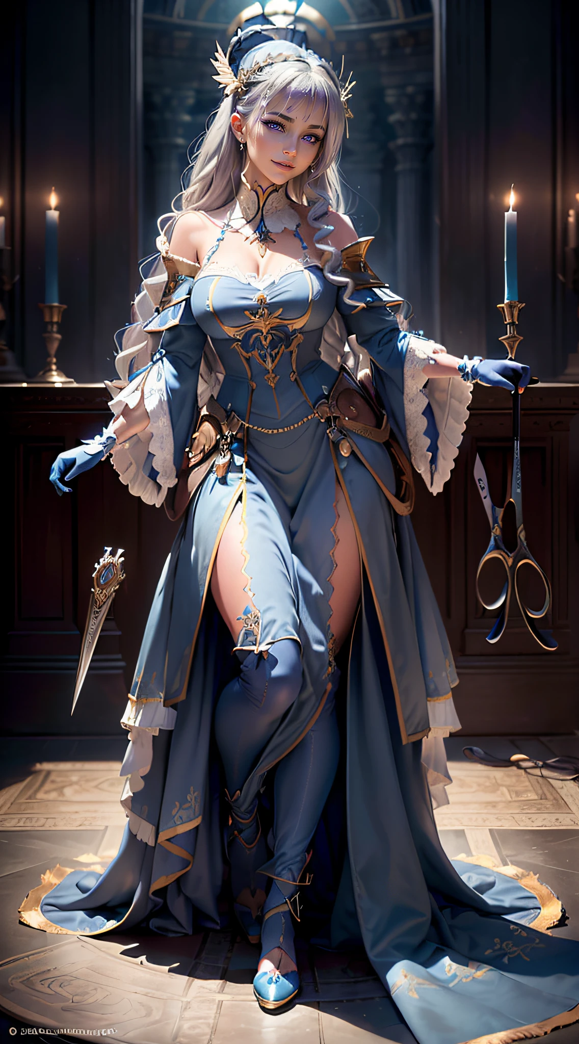 8K,highres,absurdres,masterpiece,best quality,original,extremely detailed CG,extremely detailed wallpaper,perfect lighting,<lyco:GoodHands-beta2:1>,1girl,blurry_background,looking_at_viewer,standing on the stage,
<lora:JeanneKaguyadArc:0.7>,JeanneKaguyadArc,long hair,blue eyes,blonde hair,braid,single thighhigh,white thighhigh,black gloves,short dress,cleavage,bare shoulders,hair ribbon,cleavage cutout,armor,