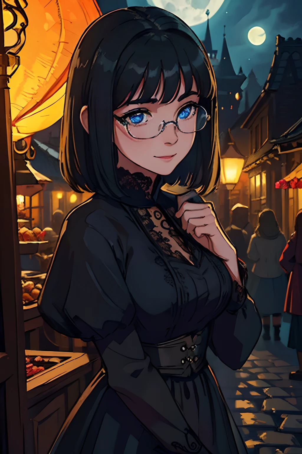 (best quality,photorealistic:1.37),ultra-detailed,(16-years-old:1.1) pretty girl, (medium:0.9) bob hair with bangs (black, shiny:1.1), (beautiful detailed:1.1) blue eyes, (younger:1.1) medieval outfit (flowing dress with intricate embroidery and lace:1.1), (charming smile:1.1), standing near a (medieval:0.9) city at night, (lit by a soft glow:1.1), bustling with life and activity, (cobblestone streets:0.9) leading to majestic (gothic:1.2) architecture, (colorful market stalls:0.9) selling various wares, (elaborate stone carvings:1.1), (intricate ironwork:1.1), people in (period costumes:0.9) going about their daily lives, (carriage:0.9) passing by, (flickering lanterns:1.1) casting a warm glow, (full moon:1.1) illuminating the scene, creating a (dreamlike atmosphere:1.1), (calm, peaceful:1.1) yet vibrant and captivating, pale skin, glasses.