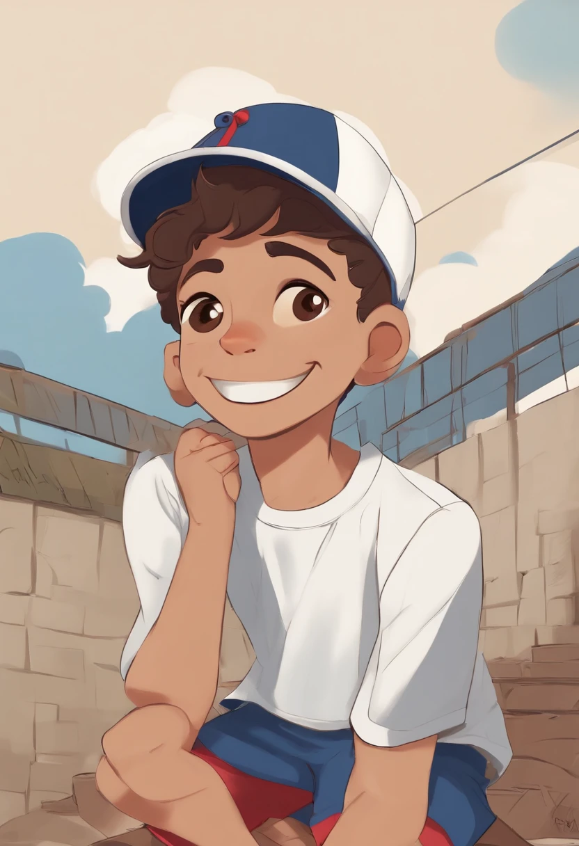 Por favor, create a series of illustrations of the character Ivo, um negro de 13 anos. Ele tem cabelos cacheados, grandes olhos castanhos, e ((wears a backwards cap)), uma ((camiseta listrada azul marinho)), Red shorts and white sneakers. multiples poses and expressions. fundo branco.