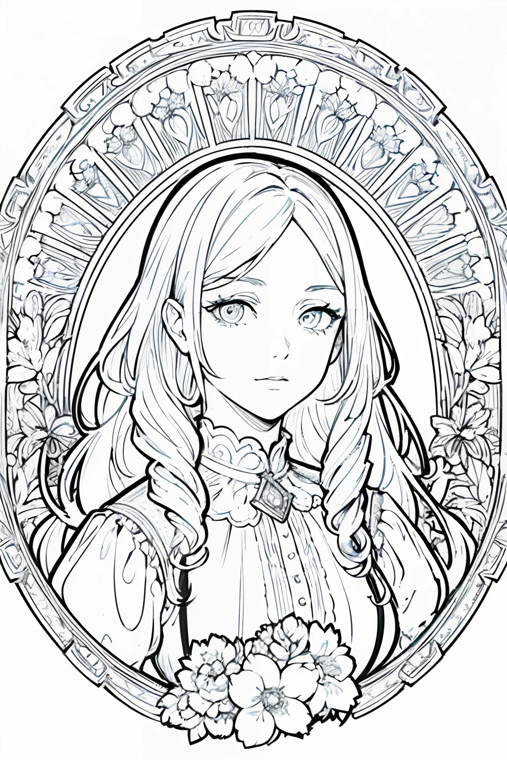 European women's face portrait, long curly hair, blonde, floral frame, decorative panel, abstract
Art by Alphonse Mucha, sketch, character lines and scenes without colors and shadows.
(Masterpiece, Best Quality, Highres:1.4), Detailed, Intricate Details, 4K, color splashes, line art, fibonacci,