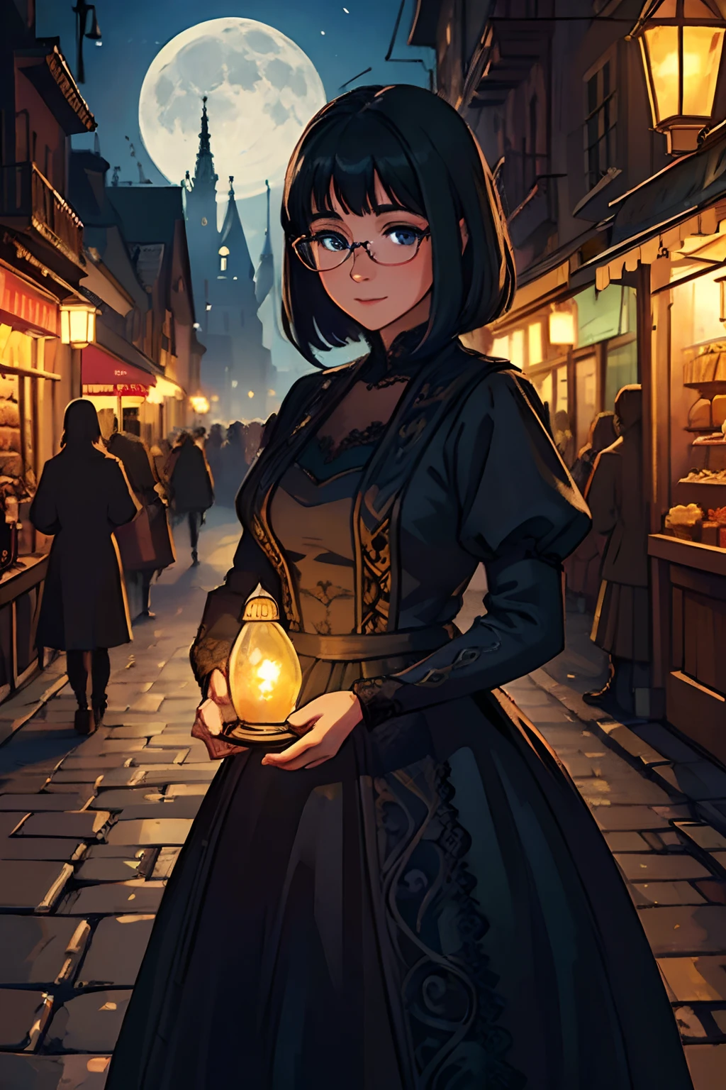 (best quality,photorealistic:1.37),ultra-detailed,(16-years-old:1.1) pretty girl, (medium:0.9) bob hair with bangs (black, shiny:1.1), (beautiful detailed:1.1) blue eyes, (younger:1.1) medieval outfit (flowing dress with intricate embroidery and lace:1.1), (charming smile:1.1), standing near a (medieval:0.9) city at night, (lit by a soft glow:1.1), bustling with life and activity, (cobblestone streets:0.9) leading to majestic (gothic:1.2) architecture, (colorful market stalls:0.9) selling various wares, (elaborate stone carvings:1.1), (intricate ironwork:1.1), people in (period costumes:0.9) going about their daily lives, (carriage:0.9) passing by, (flickering lanterns:1.1) casting a warm glow, (full moon:1.1) illuminating the scene, creating a (dreamlike atmosphere:1.1), (calm, peaceful:1.1) yet vibrant and captivating, pale skin, glasses.