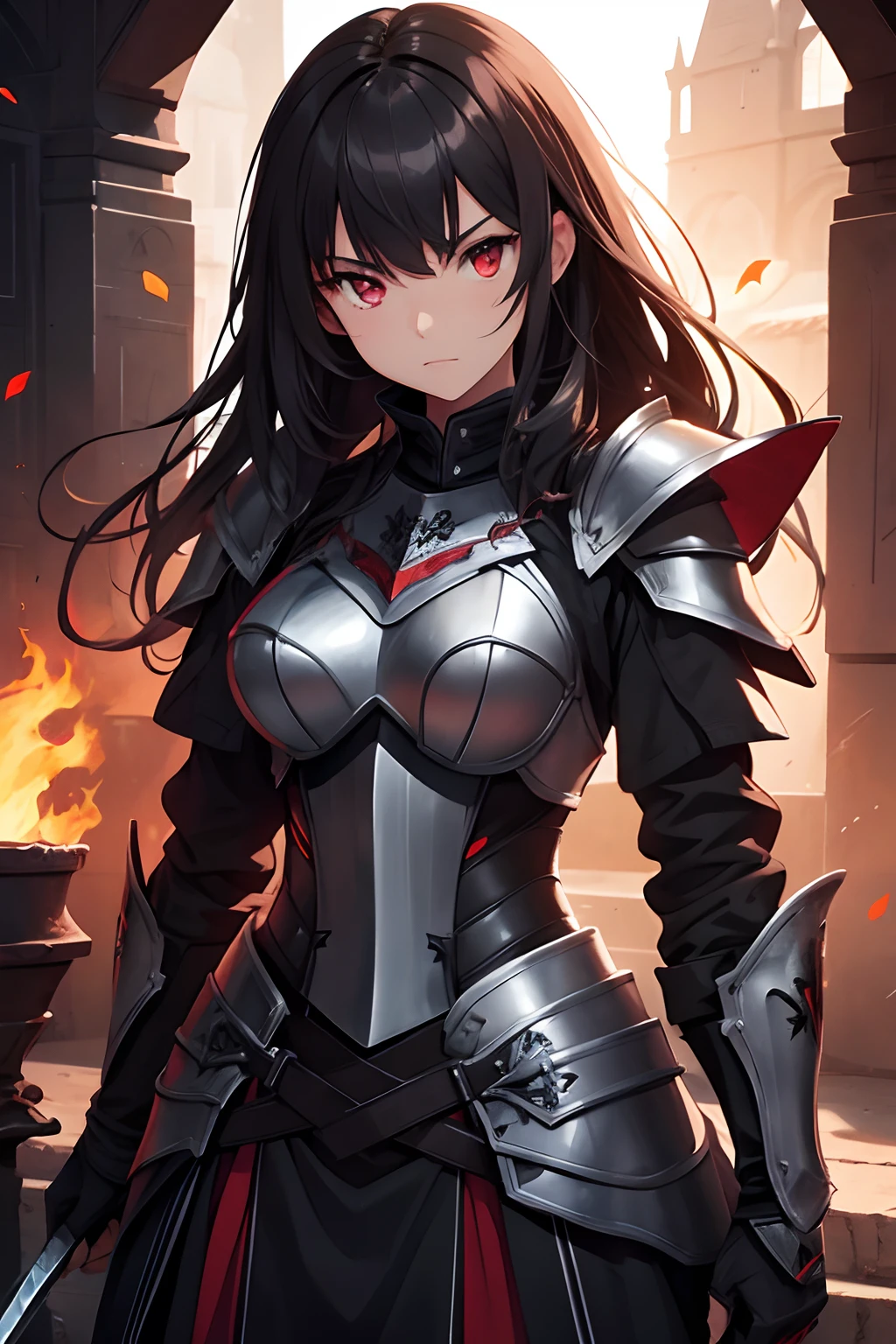 1girl, hight-quality, black plate armor, sword, fire, red eyes