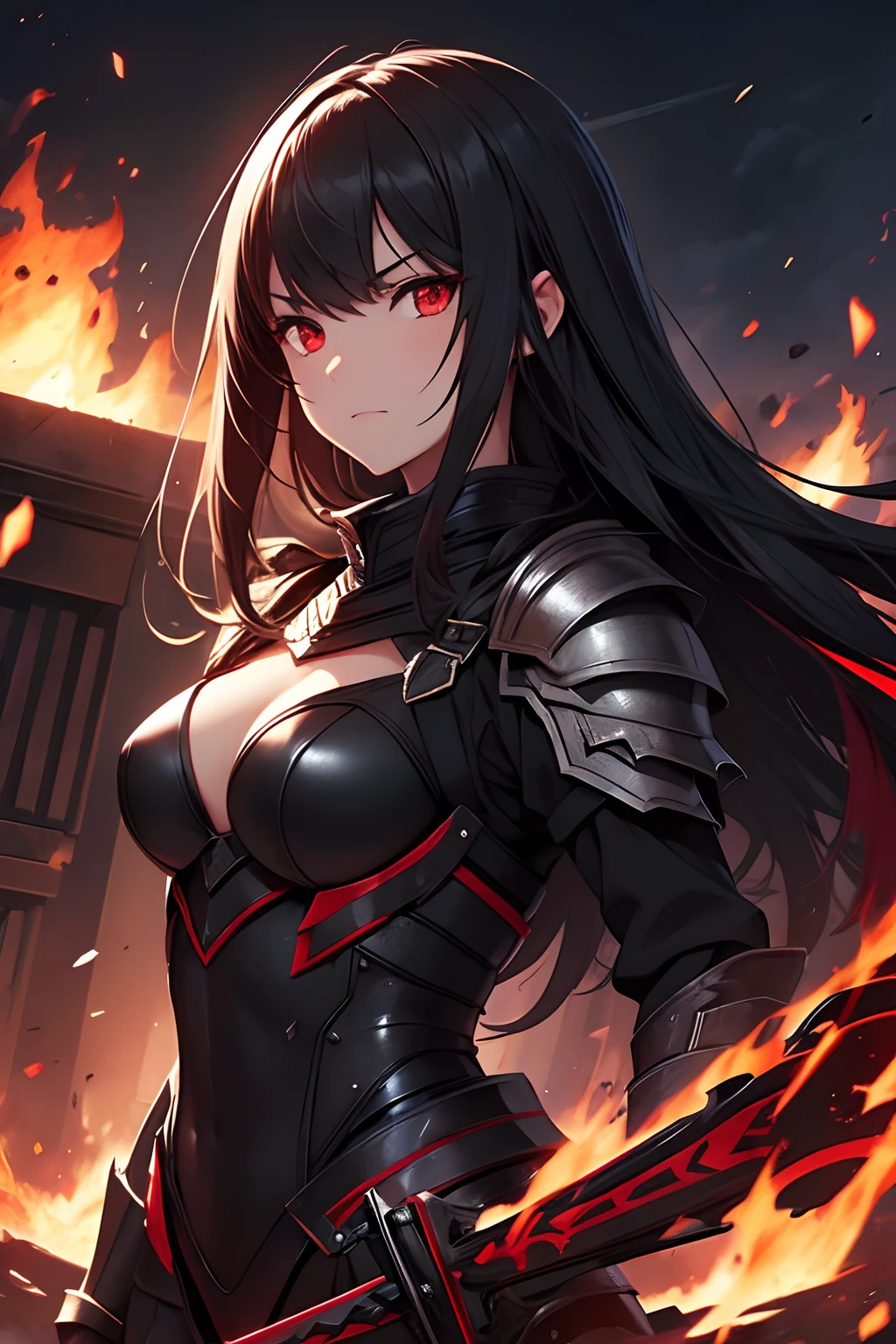 1girl, hight-quality, black armor, sword, fire, red eyes