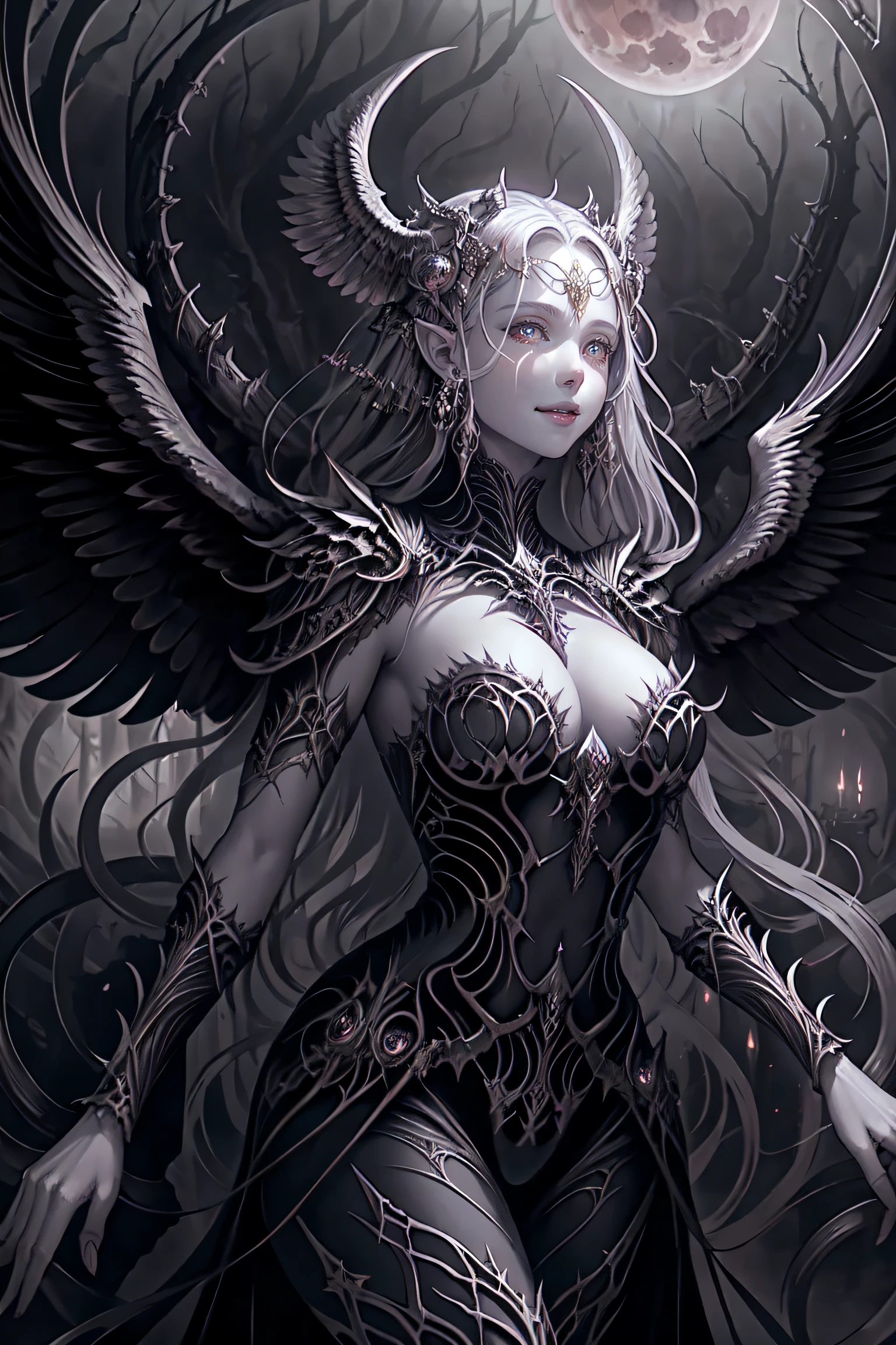 Fine matte painting, skeleton dark angel big wings haunted castle on drawing table full of knives, horror, spookiness, scary, secret horror, tentacles, vines, eyes, uncanny valley effect teeth, limbs, animals, blood moon
