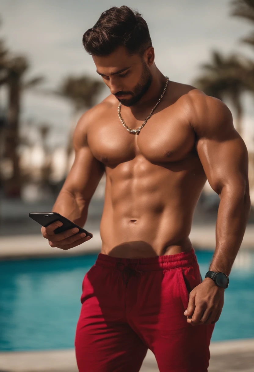 Full body shirtless bunito man with a phone in his hands bodybuilder