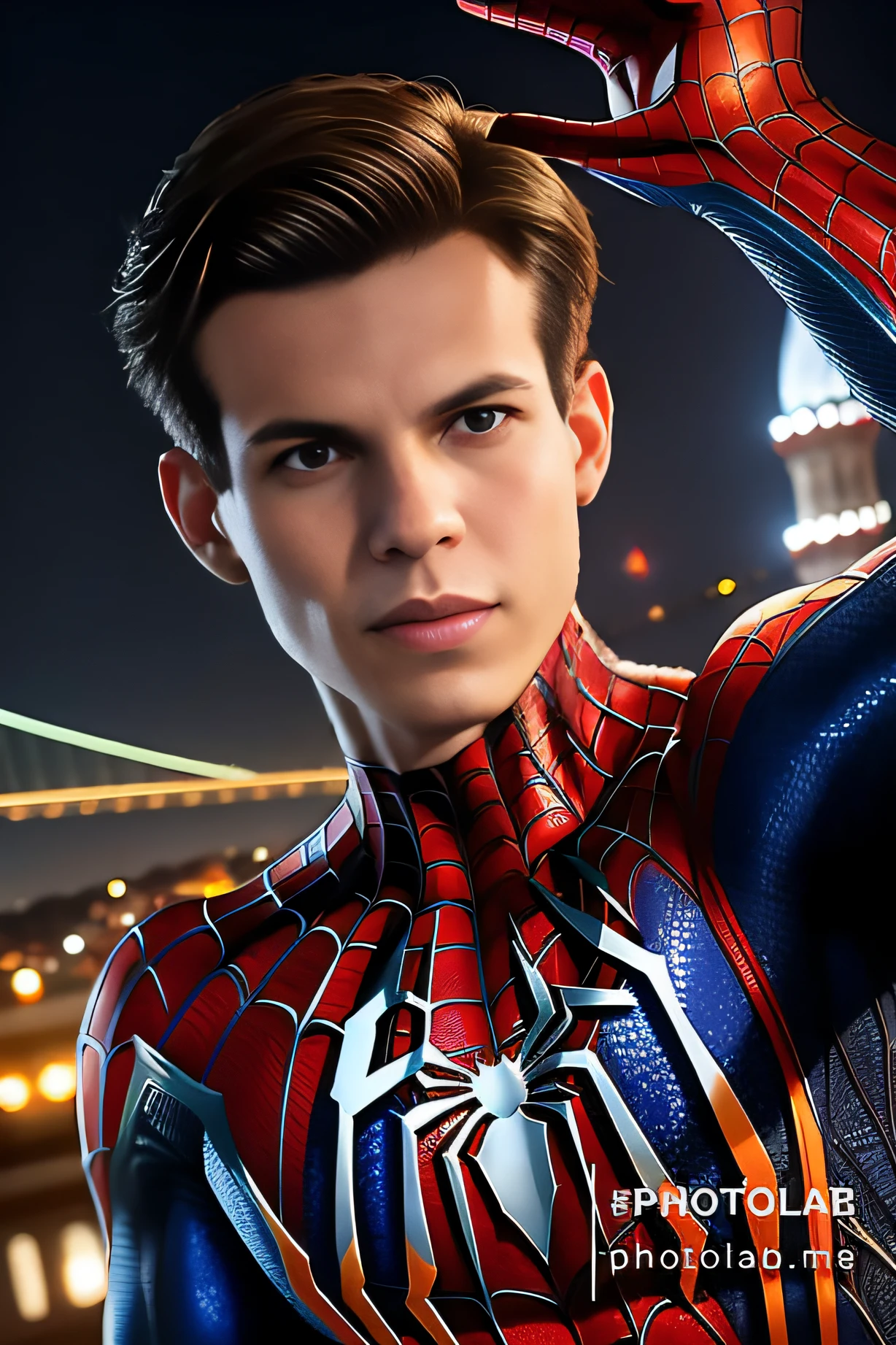 spider - man in a suit posing for a photo in front of a city, portrait shot, profile shot