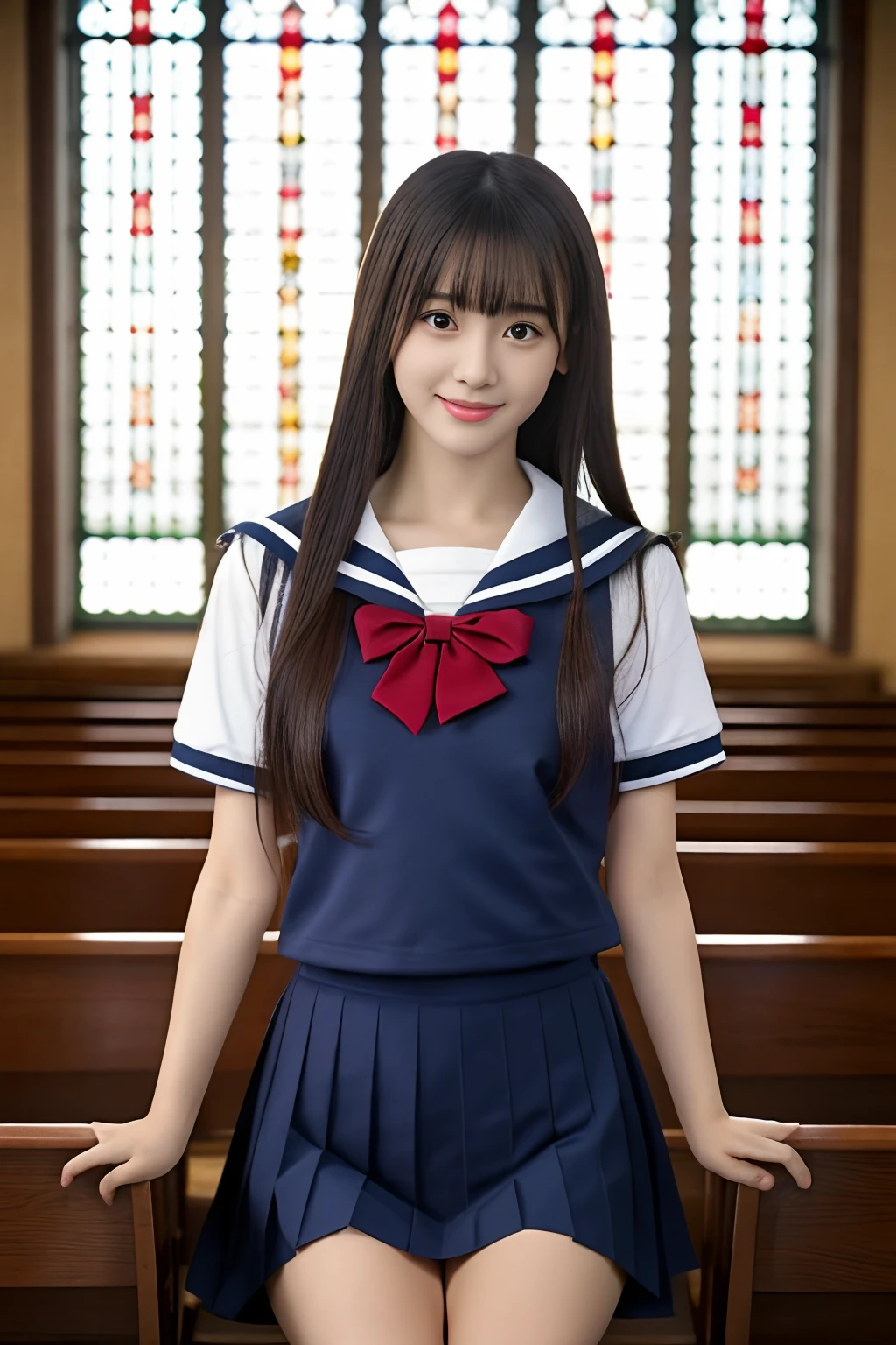 (((Draw only one woman: 2))), Beautiful 18 year old Japan woman, (High school girl in short-sleeved sailor suit: 1.5), (Japan strict girls' school sailor uniform), ( High school girl pretending to be sitting in church pews: 1.2), (Beautiful and elaborate stained glass on the background: 1.5), ((1screen)), 8K, RAW shot, top quality photo, masutepiece, Nice realistic photos , ((Anatomically correct proportions: 1.5)), ((Perfect proportions)), Cute woman like an idol of Japan, Detailed face, Detailed eyes, Narrow Nose, Detailed hands and fingers, Detail Arm, Detailed skin, Detailed legs, short torso, Slender body, (shiny long hair: 1.5), (Large breasts: 1.5), Fit sailor suit