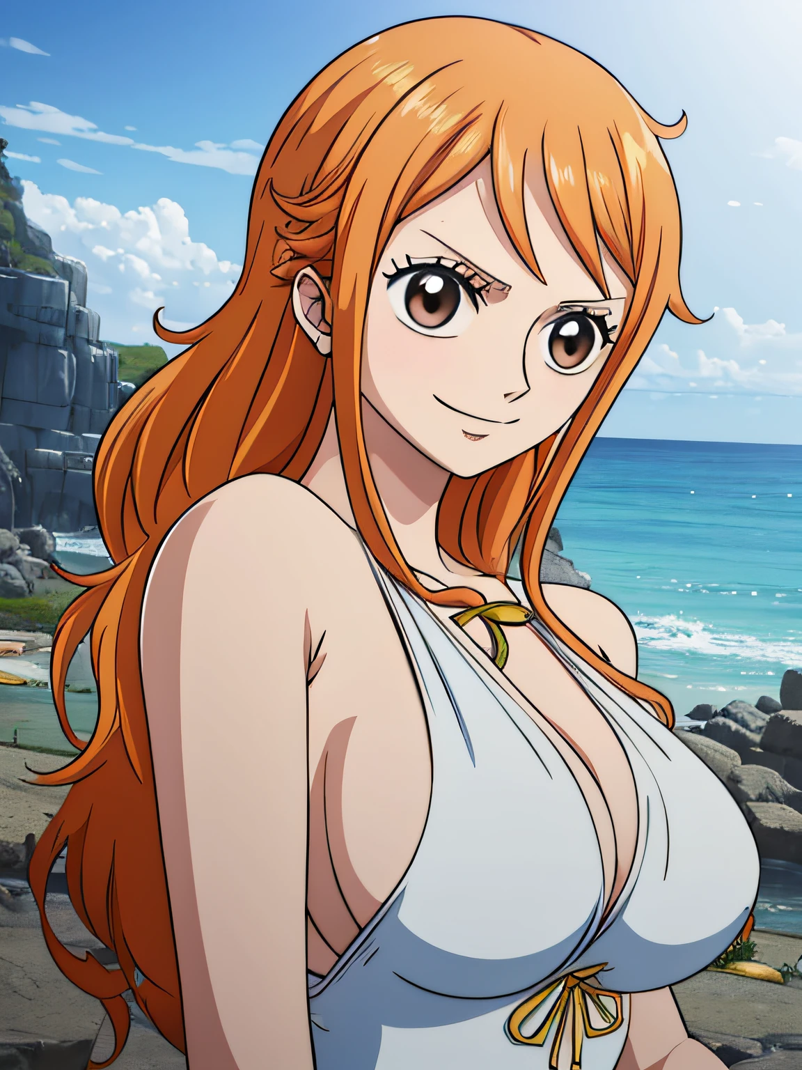 Nami de One Piece,Chica de pelo muy claro y amarillento,hermosos ojos marrones, Mejillas sonrojadas,en una nube en el cielo sonriendo al espectador,senos grandes,rubor en la mejilla con un pelo libre, The art style should resemble a captivating anime style. vivid colors, ,Su cabello debe ser de color naranja claro, barriga, barriga, pechos grandes, desnudo, desnudo