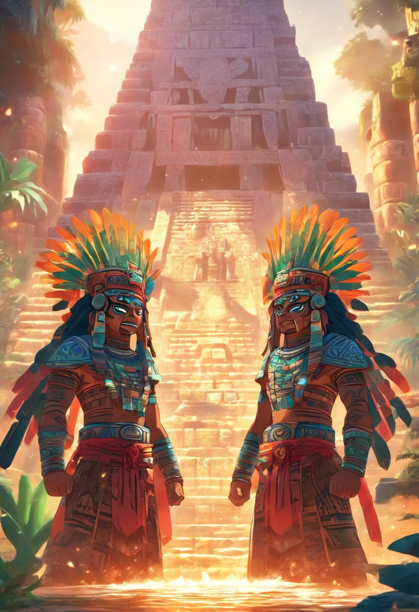 (((Mayan Twins))) best quality, ultra-high resolution, 4K detailed CG, masterpiece, Hun-Hunahpu, Xbalanque,two men, temple, Mayan clothing, Mayan mythology, cactus, stream, desert, sunlight , Mexico, aesthetics, Beautiful image, centered on the screen