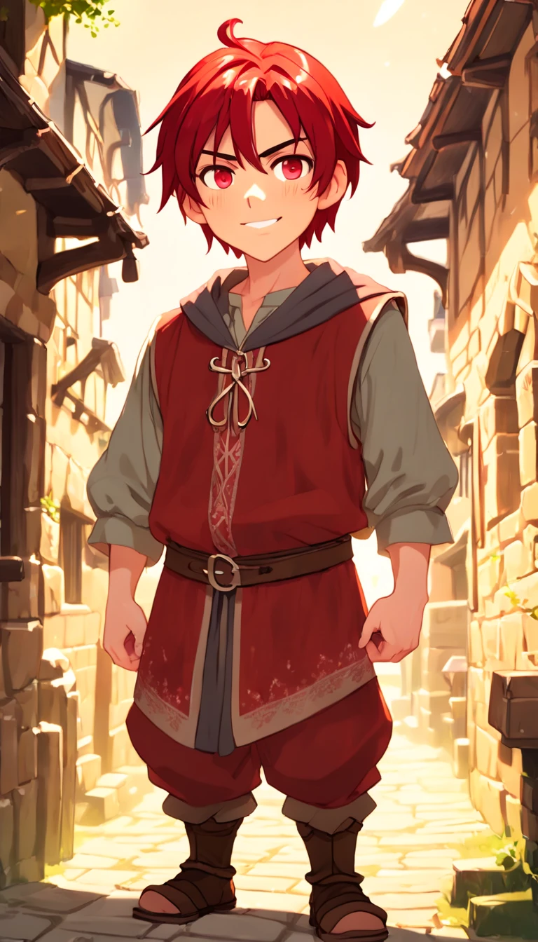 One dirty child (male) (13 years old), Tan skin, 1kid, muscular body, ((medieval villager clothing: 1.9)), bright_red hair, short hair, different eyes (heterochromia), Peasant boy, villager , Friendly Smile, heroic, face scars, slightly sloppy clothes, Medieval Style Clothing, Simple Clothing, Human, Cute Face, Young Face, Skill Picture, Villager Clothes, ((highly_saturated red_hair: 1.9)), ((heroic_figure: 1.9)), ((extremely_handsome: 1.8))