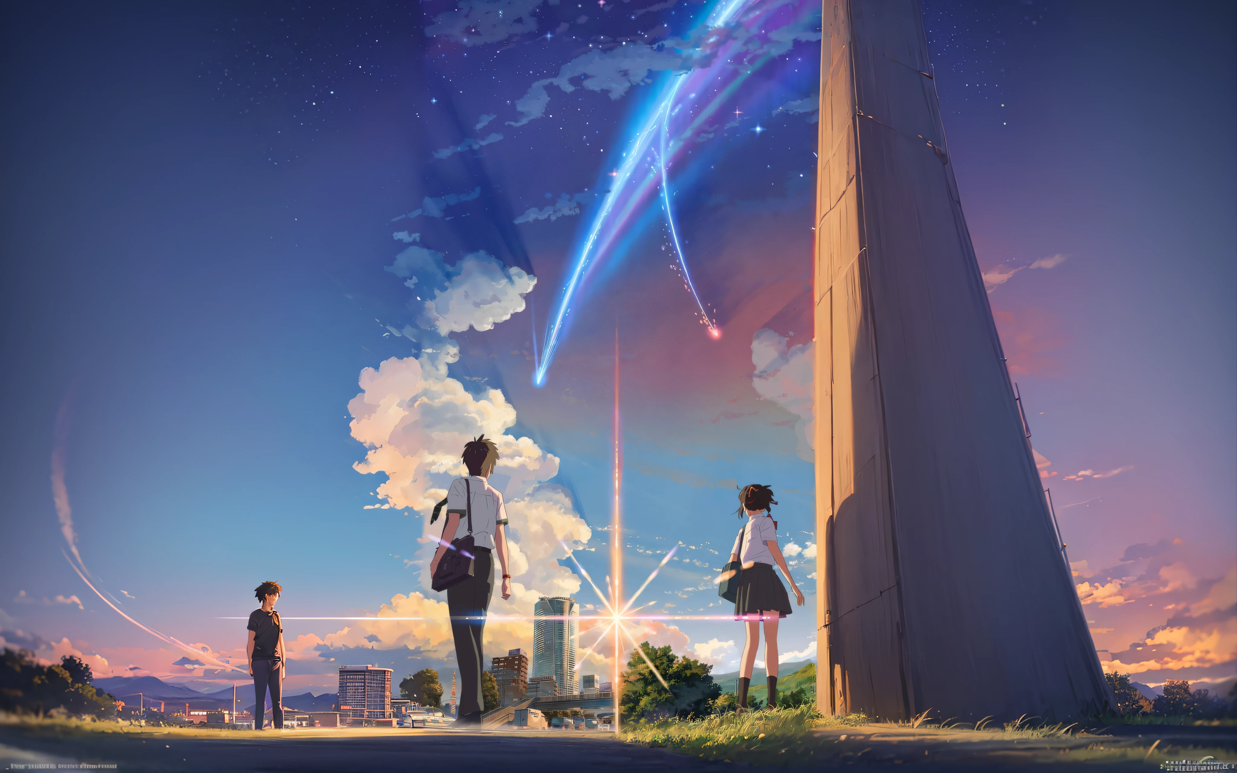 anime anime wallpapers with two people watching a shooting comet, your name, your name movie style, anime movie background, kimi no na wa, guweiz and makoto shinkai, mokoto shinkai, colorful anime movie background, in style of makoto shinkai, sakimichan and makoto shinkai, ( ( makoto shinkai ) )