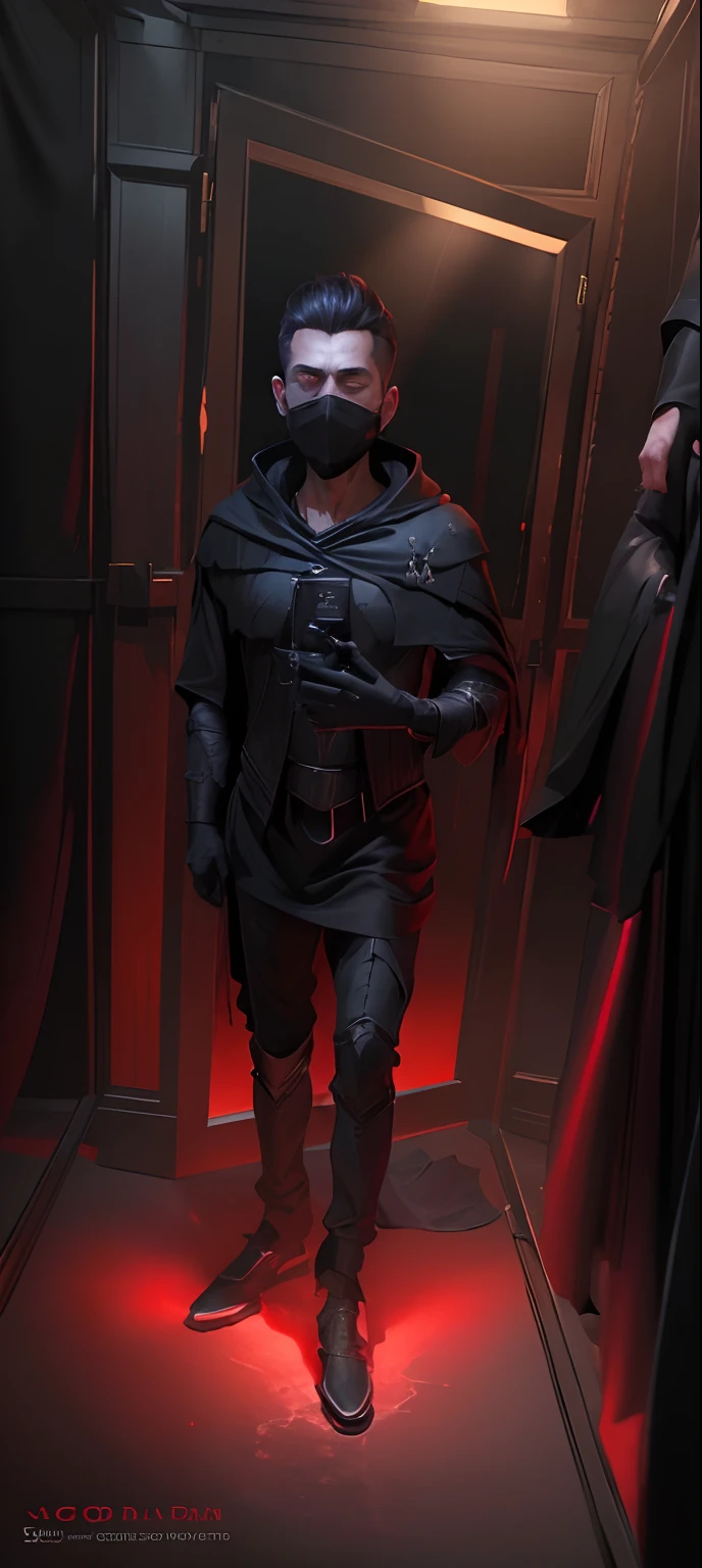 (The image of a man wearing a black robe concealing his identity:1.4), (six pitch black balls floating around him:1.3), (holding a red Chinese Emperor Sword that radiated a black aura:1.1), fantasy and cosmic horror movie, epic fantasy sci fi illustration, cosmic horror concept art, epic scifi fantasy art, lovecraftian cosmic fear, an ominous fantasy illustration, nyarlathotep, dark fantasy sci fi, godrays digital painting, (Half body image:1.2).