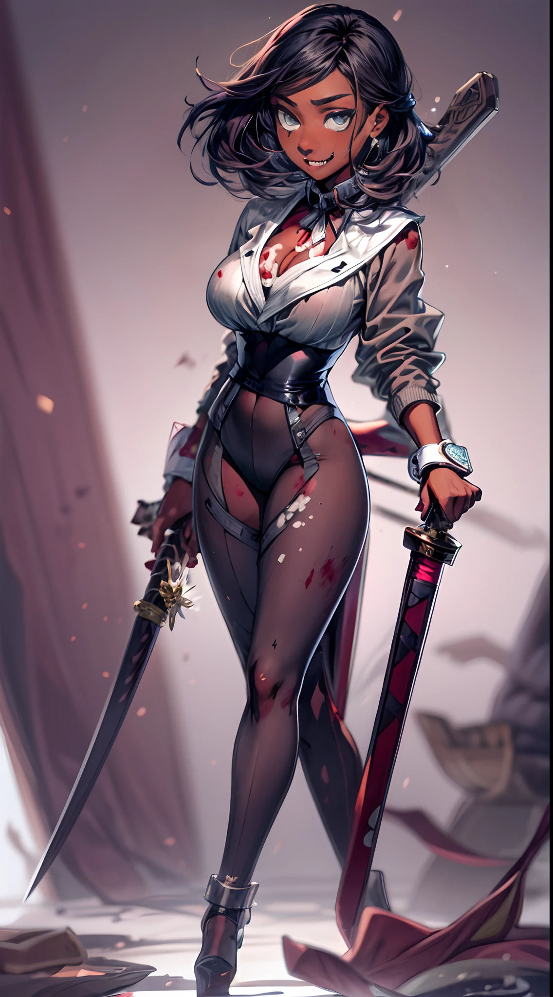 Full body arched back, darkskinned woma as a modern age yakuza goddess,::5 Age 25, adult woman, strong oblong-shaped face, narrow convex hooked nose, unique beauty, mysterious light black eyes,flowing, shining, wavy black hair, dragonbraid, hourglass body, large breasts: 1.1), , sexy, tone abs, (wide hips), gigantic hip bones, strong and tone partially undressed catsuit holding a katana , blood on weapon and face, blood splatter, seductive grinning::4 alluring aura and stare,splash art, manga stylized black and white, gray scale inkart,Black ink,tattoo desgin, tatoo outline, full of emotion, perfect hands extremely fine and beautiful), pov, (ultra-detailed,5k, 717 gigapixels)(masterpiece), (ultra-detailed), (perfect details), (extremely fine and beautiful), sense of depth, depth of field) ( dynamic angle, green scenery, dramatic lighting, volumetric lighting, golden hour,)