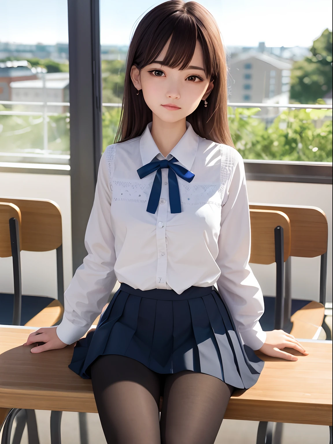 tmasterpiece，best qualtiy，ultra - detailed，illustratio，Colorful，Falt color，depth of fields，lens flare glow，1girll，anime big breast，sitted，brunette color hair，looking at viewert，schools，‎Classroom，Pleated miniskirt，校服，serafuku，White silk pantyhose，Detailed skin texture，Fine cloth texture，Nice and delicate face，smallunderboob，full bodyesbian