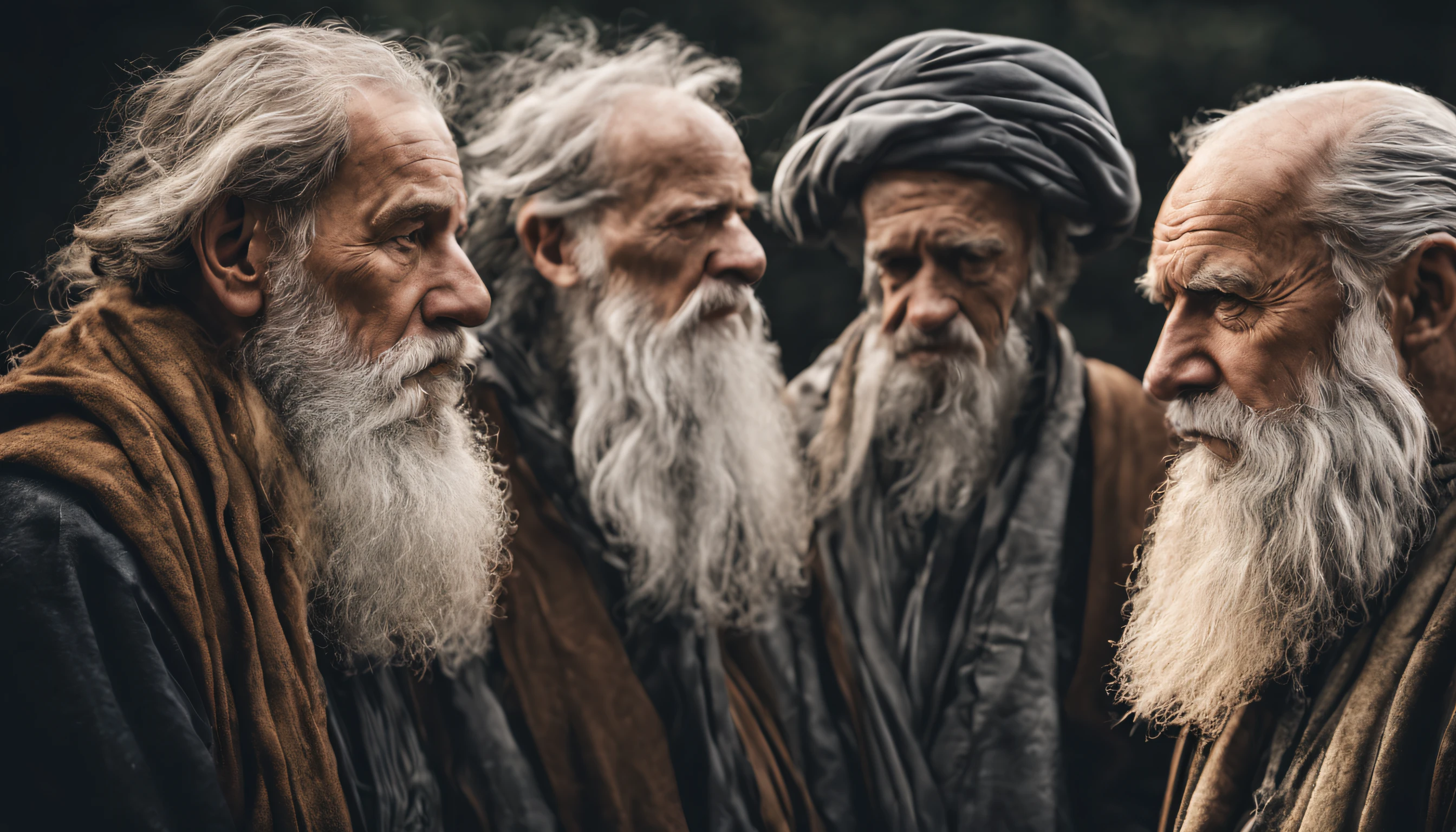 Three prophets Old men, long white beard, in profile, dark landscape, biblicalphotorealistic, 8k, super detail, accurate, best quality.