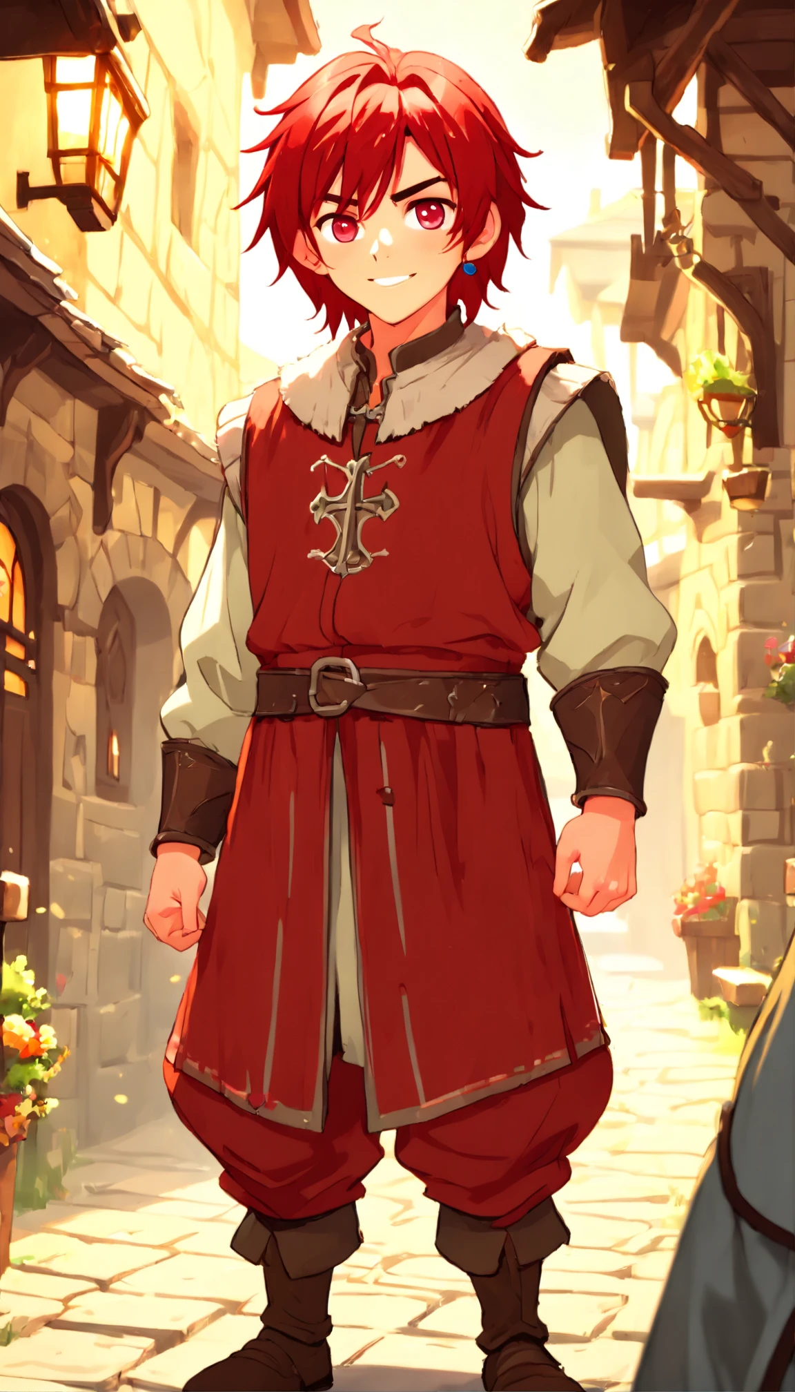 One dirty child (male) (13 years old), Tan skin, 1kid, muscular body, ((medieval villager clothing: 1.9)), bright_red hair, short hair, different eyes (heterochromia), Peasant boy, villager , Friendly Smile, heroic, face scars, slightly sloppy clothes, Medieval Style Clothing, Simple Clothing, Human, Cute Face, Young Face, Skill Picture, Villager Clothes, ((highly_saturated red_hair: 1.9)), ((heroic_figure: 1.9)), ((extremely_handsome: 1.8))