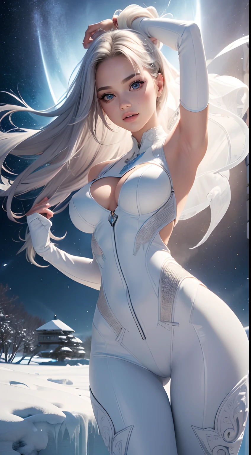 (Best quality, Masterpiece, colourfull, Angle dynamique, Most Detailed) Photo du haut du corps, photographie de mode de jolie fille blanche aux cheveux longs (Gorgeous Mature Woman), ((Des seins gigantesques et massifs)), Dressy Top Detailed Evangelion White Suit (High-resolution textures), en pose dynamique, Bokeh, (Intricate details, hyperdetailed:1.15), Detailed, Sunlight passes through the hair, Epic Background of the Ice Storm, (Art officiel, extremly detailed, Most Detailed),