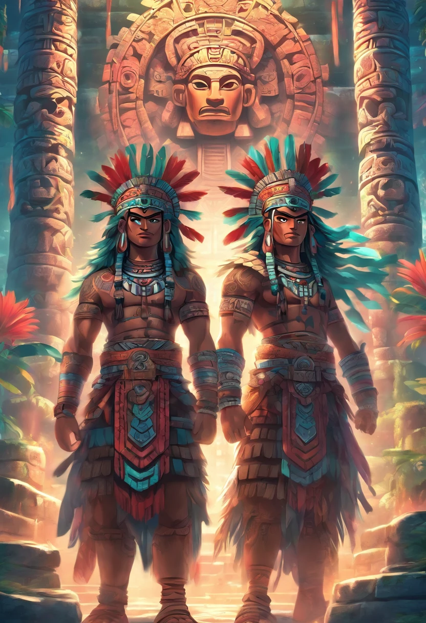 (((Mayan Twins))) best quality, ultra-high resolution, 4K detailed CG, masterpiece, Hun-Hunahpu, Xbalanque,two men, temple, Mayan clothing, Mayan mythology, Mexico, aesthetics, Beautiful image, centered on the screen