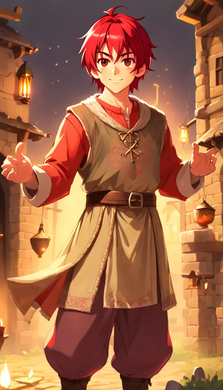 One dirty (male) (13 yen skin, 1kid, ((slim fit muscular body: 1.5)), ((medieval villager clothing: 1.9)), bright_red hair, short hair, different eyes (heterochromia), Peasant boy, villager , Friendly Smile, heroic, slightly sloppy clothes, Medieval Style Clothing, Simple Clothing, Human, gentle boy, Young Face, Skill Picture, Villager Clothes, ((highly_saturated red_hair: 1.9)), (epitome_of_kindness: 1.9)), ((extremely_handsome: 1.8)), (short_hair: 1.9)
