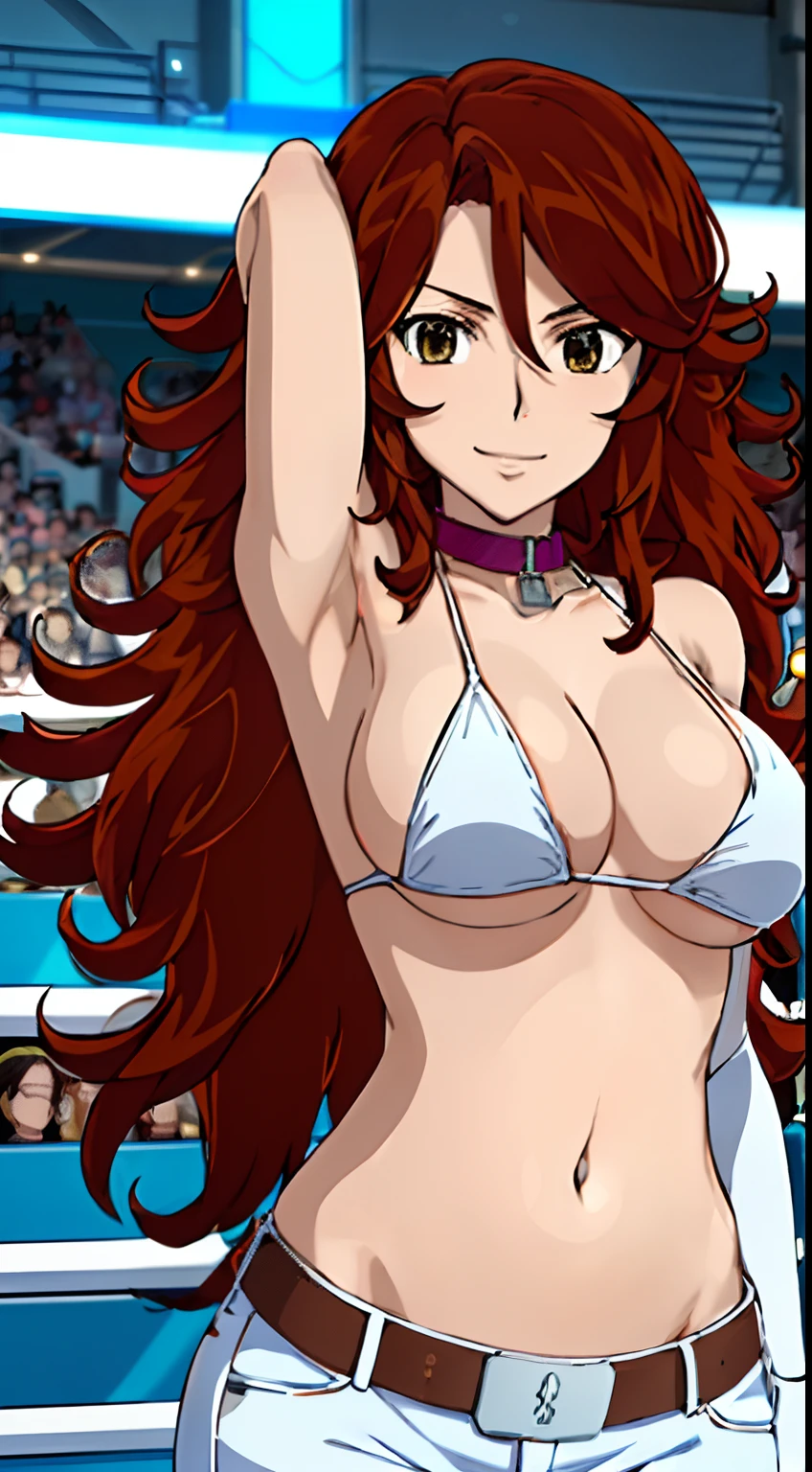 curvy midsection, solo, 1 girl, ultra toned arms, smile), (detailed titration screen,  anime style: 1.8, anime drawing, ultra detailed face, ultra detailed body, 4k, Sumergai Lee Noriega, (standing), best quality, anime style, hires, highest definition, digital blending, bold drawing lines, (location: wrestling arena, crowds watching), ( slim body, (little biceps), , off-shoulders, closed fists, (very curvy: 2.8)), ((white bikini only, jeans, white gloves, collar, hand protector, (champion belt on bare belly))), (fair skin, big breasts, ), (big eyes, brown eyes), (leaning), (brown hair, loose hair, curly hair, wavy hair, long hair, missy hair), 27 years old,