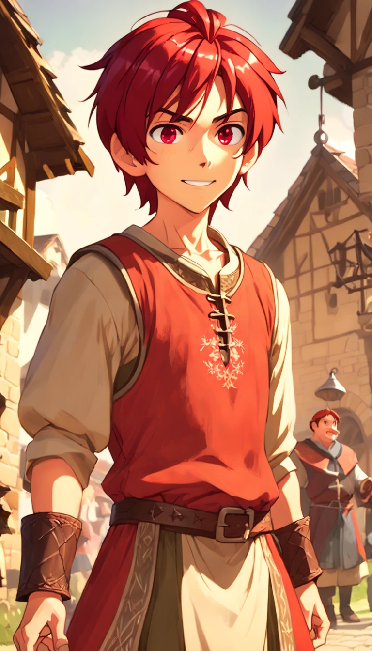 One dirty (male) (13 yen skin, 1kid, ((slim fit muscular body: 1.5)), ((medieval villager clothing: 1.9)), bright_red hair, short hair, different eyes (heterochromia), Peasant boy, villager , Friendly Smile, heroic, slightly sloppy clothes, Medieval Style Clothing, Simple Clothing, Human, gentle boy, Young Face, Skill Picture, Villager Clothes, ((highly_saturated red_hair: 1.9)), (epitome_of_kindness: 1.9)), ((extremely_handsome: 1.8)), (short_hair: 1.9)