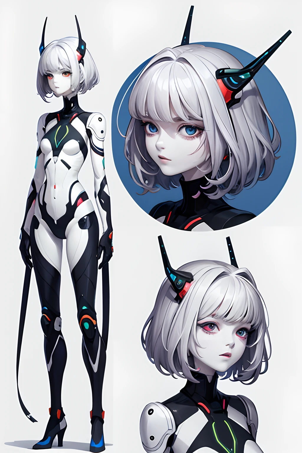 Female humanoid alien,There are short bug antennae on the head,White-colored skin,Nose creative design,Mechanical Lady,Melancholy eyes,short detailed hair,Full body front design drawing