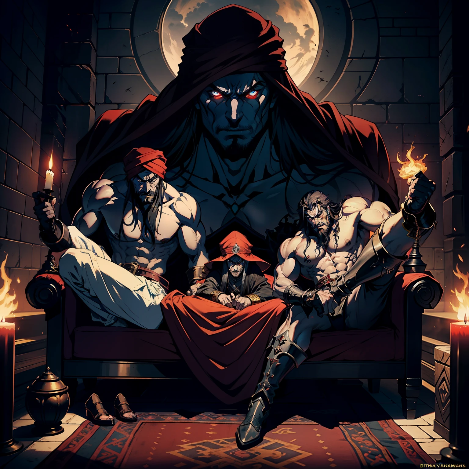 Castlevania Hyper Realistic Shadow Lord Super Detailed Dynamic Shot Master Piece of Lord Dracula Medieval Arab Warrior with Red Turban Scary Face Hokuto No Ken Structure Muscular Face Kenshiro sleeps in his bed made of legendary cochemard surrounded by demons and 3 scary demons Speaking of old reels Cinematic Scenes Epic Movie Hyper Realistic Movie Legendary Movie Epic Movie Epic Movie Epic Movie Epic Movie Epic Movie Movie Epic Movie Epic Movie Epic Movie Epic Bottom Angle View
