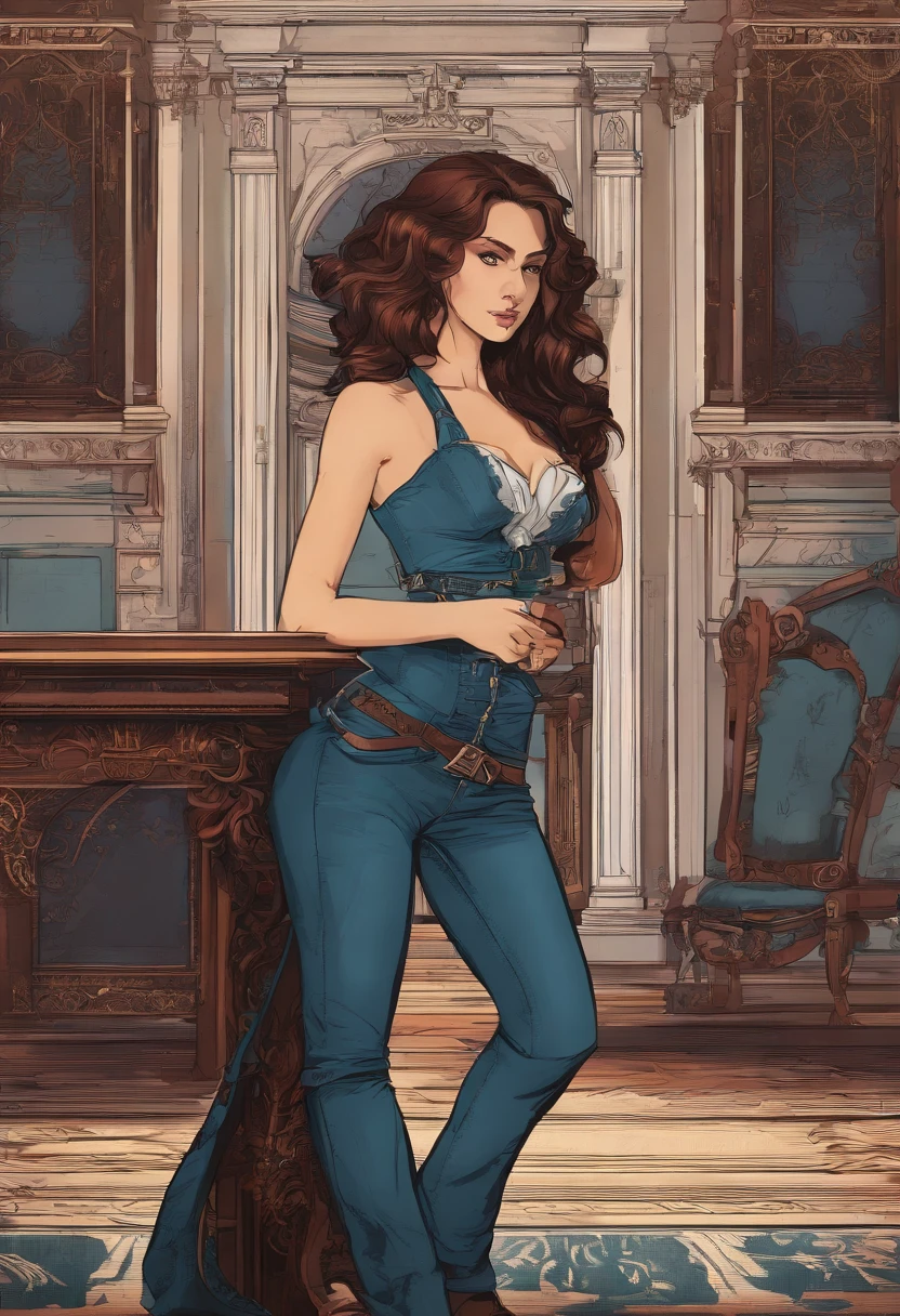 8k, hyper-realistic, high quality image of furnished Victorian Parlor, illuminated by a fireplace and gaslight lamps; an attractive young () Teenage woman, with beautiful perfect face, dark green eyes, , with shoulder length dark red hair, wearing a tight blue shirt; a unbuttoned denim jacket, Very short very tight denim shorts, winter boots, standing next to a Victorian style fireplace, facing forward, a detailed, realistic lifelike image in the style of Frank Frazetta