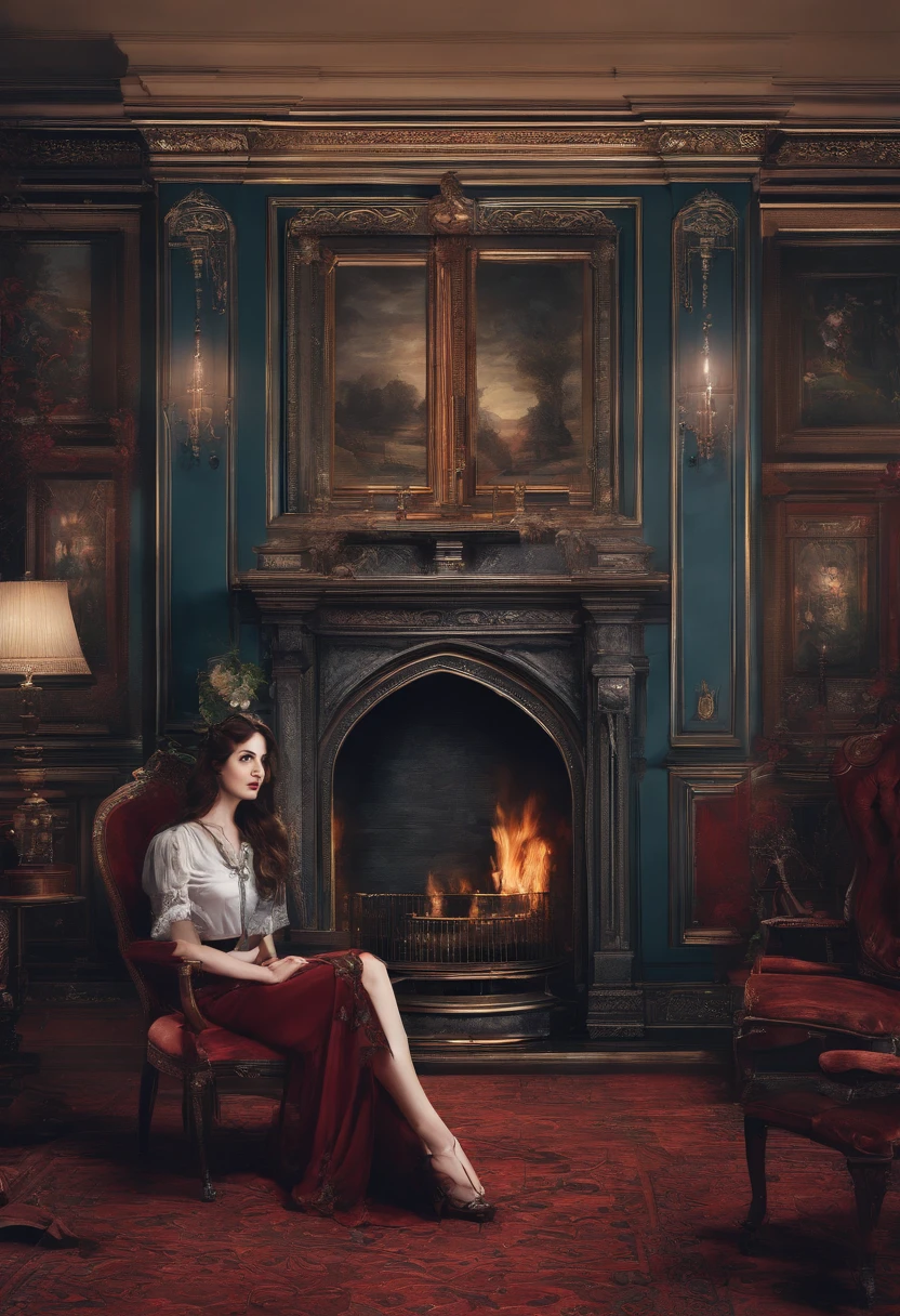 8k, hyper-realistic, high quality image of furnished Victorian Parlor, illuminated by a fireplace and gaslight lamps; an attractive young (16 old) Teenage woman, with beautiful perfect face, dark green eyes, , with shoulder length dark red hair, wearing a tight blue shirt; a unbuttoned denim jacket, Very short very tight denim shorts, winter boots, standing next to a Victorian style fireplace, facing forward, a detailed, realistic lifelike image in the style of Frank Frazetta