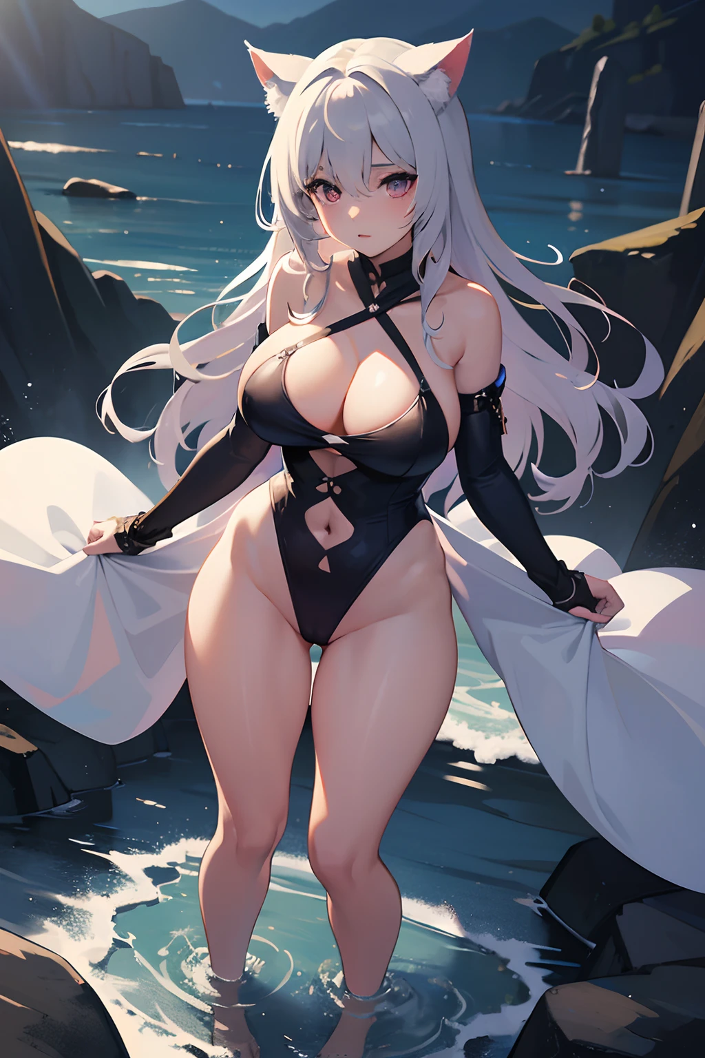 highres, shadows, absurdres, best_quality, ultra_detailed, 8k, extremely_clear, photograph, beautiful, beautiful face, sharp focus, hdr, 1girl, wide-eyed, barely clothed, torn clothes, beautiful high class dress, background magic academya, thong, very lare breast, cat ears fluffy, water spell, water, water splash on body, magic missile, beautiful face, full body, firm breast, very red areola, standing , seductive pose, damaged clothes