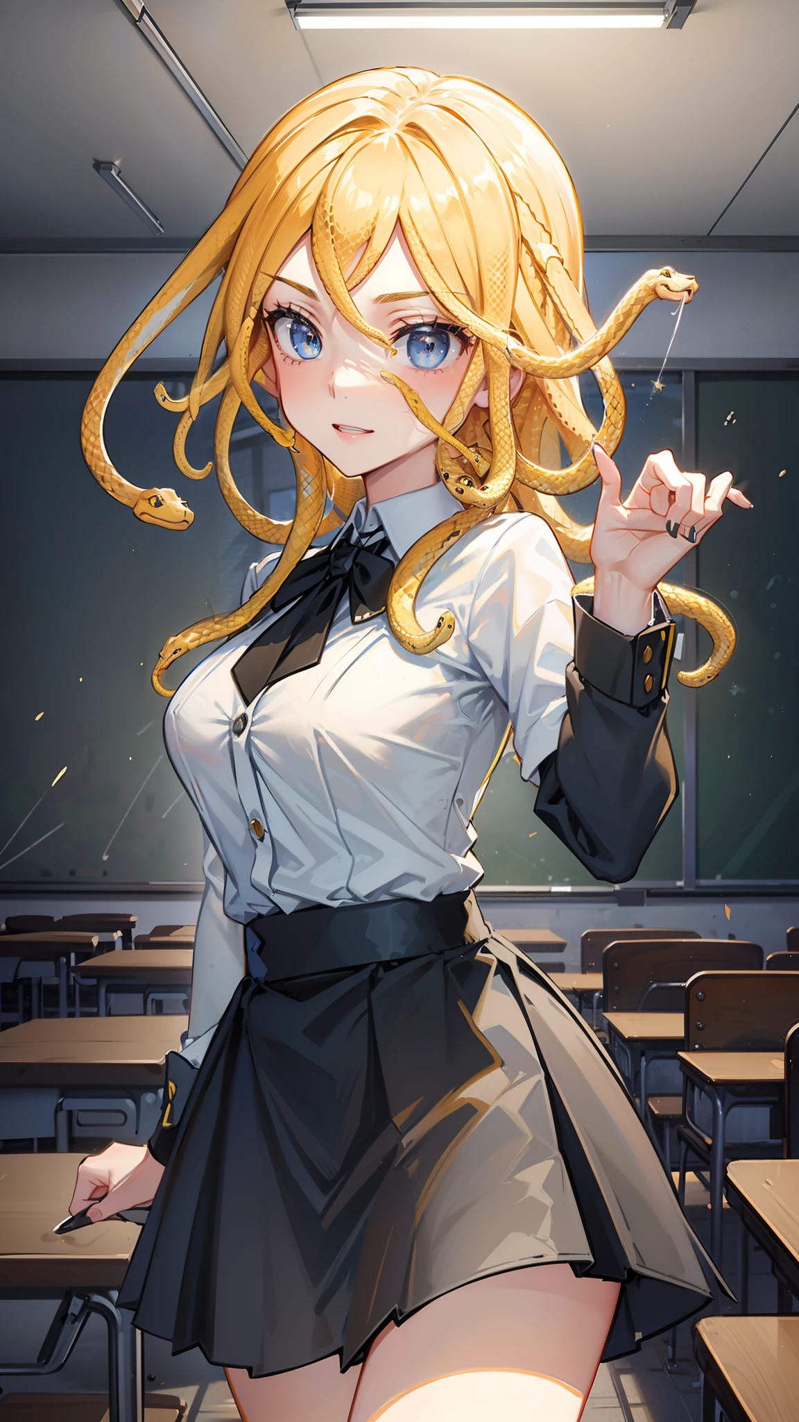 1gitl,solo,20s,(Snake hair),yellow hair,happy face,white shirt,black tie,black skirt,medium tits,blue eyes,(((in front of classroom)),cowboy shot,hidden arms